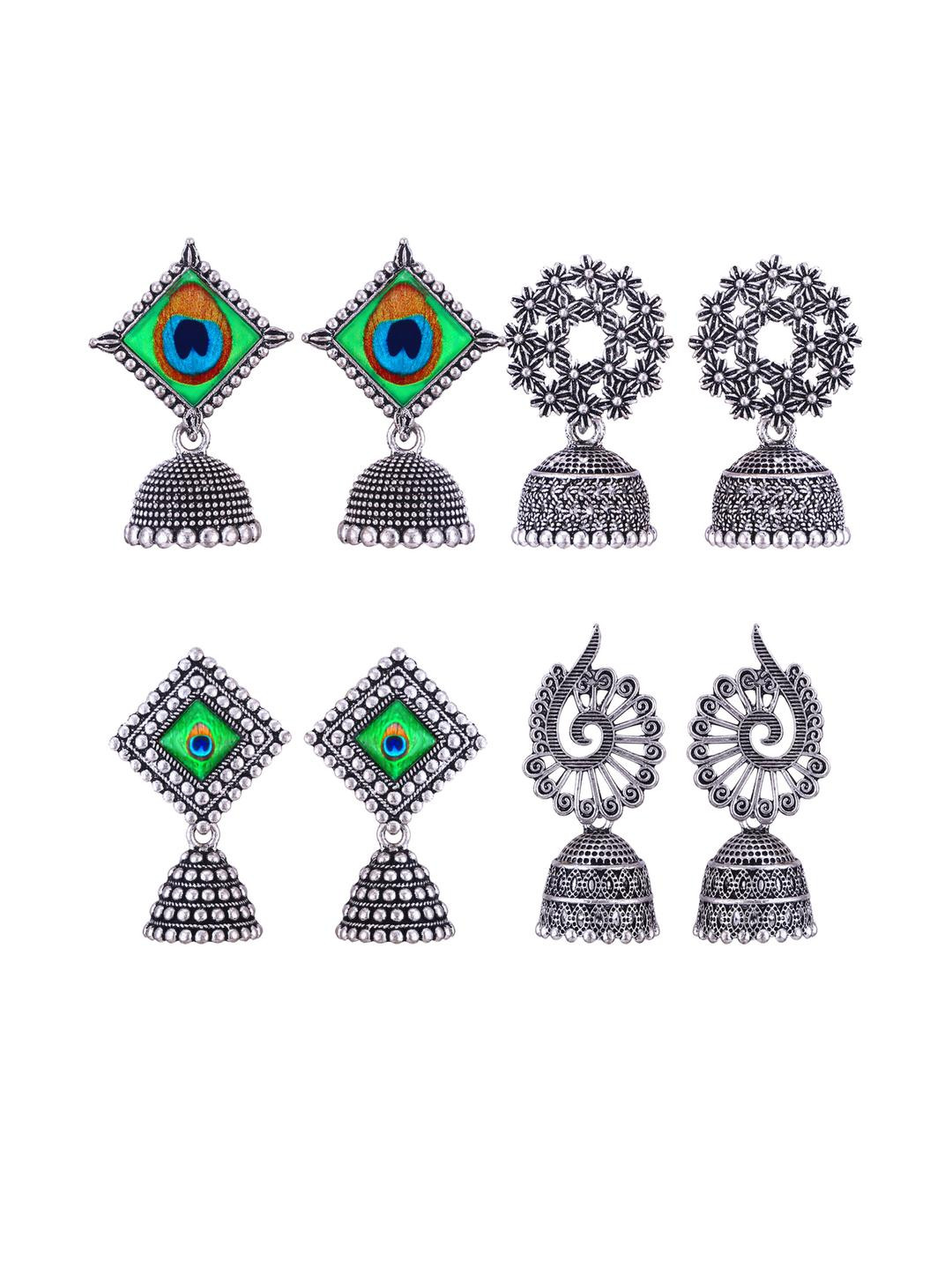 Sangria Set of 4 Oxidised Silver Jhumkas Earrings
