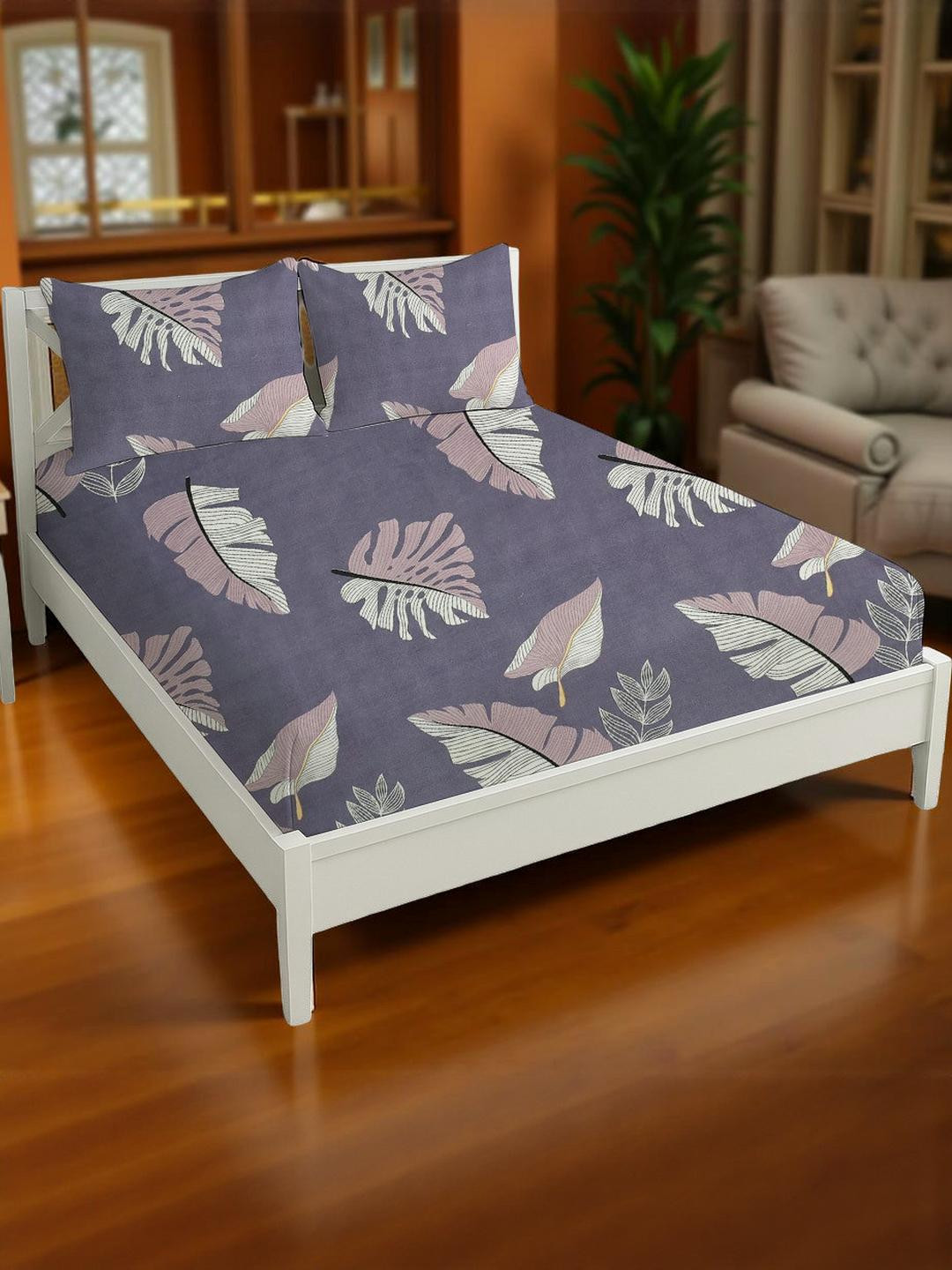 IVAZA Grey 220 TC Queen Leaf Printed Bedsheet with 2 Pillow Covers