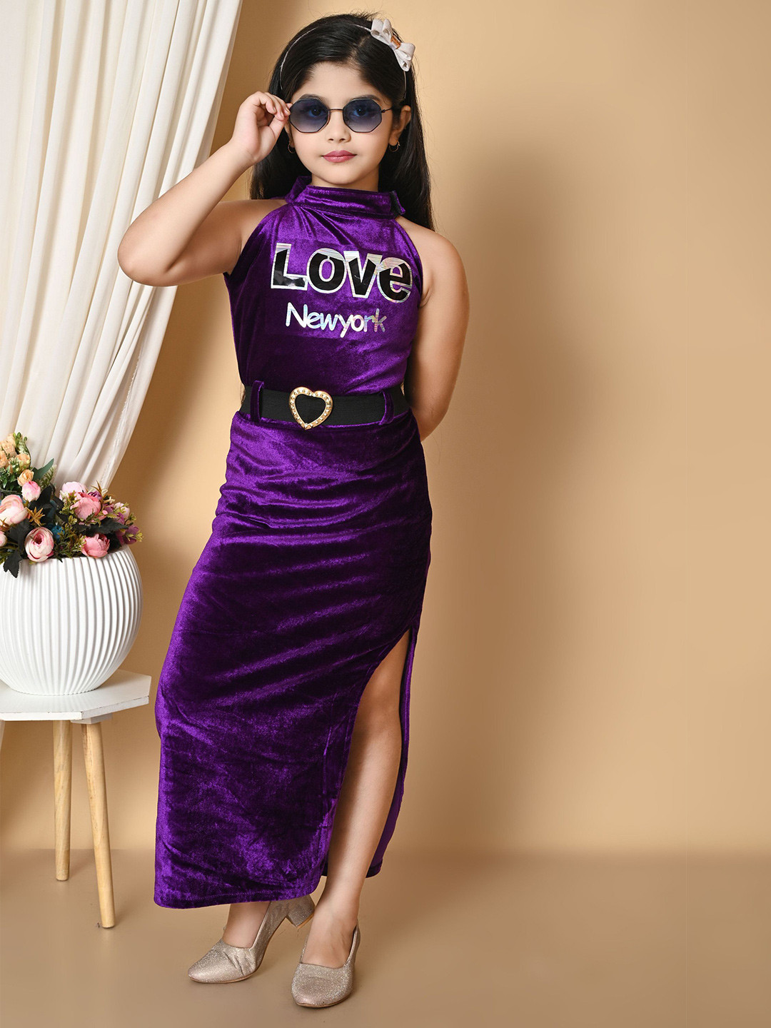 SPAMitude Girls Typography Print Mock Collar Velvet Bodycon Maxi Dress