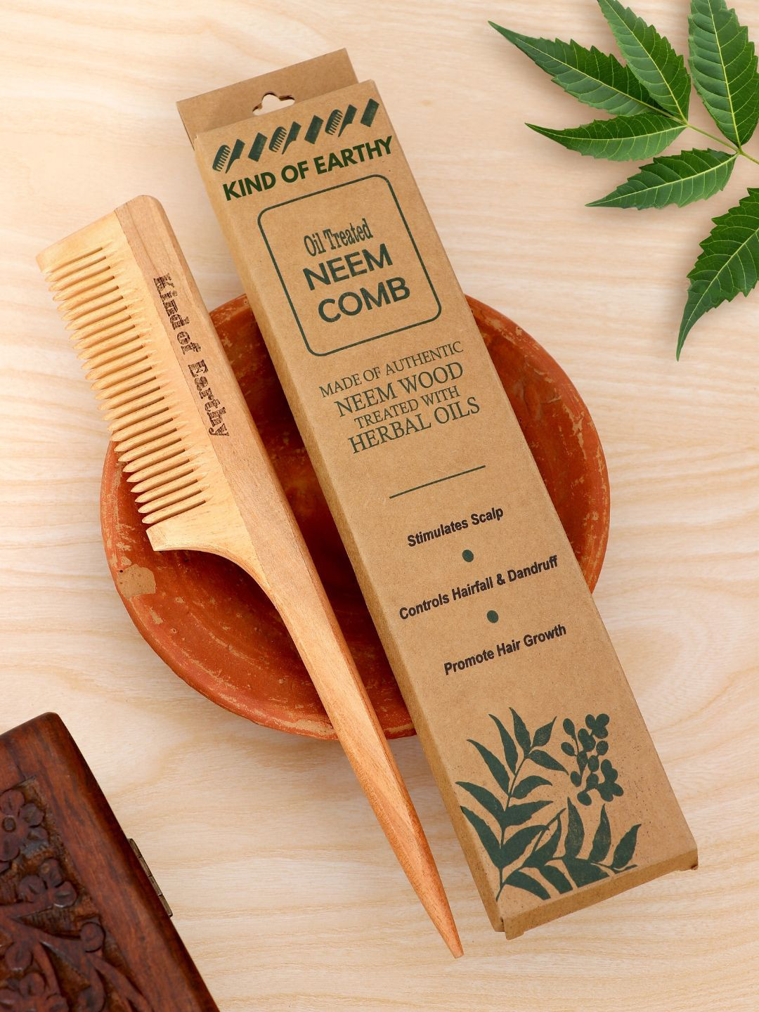 Kind of Earthy Set Of 2 Kacchi Neem Fine Tooth Comb & Bamboo Paddle Hair Brush