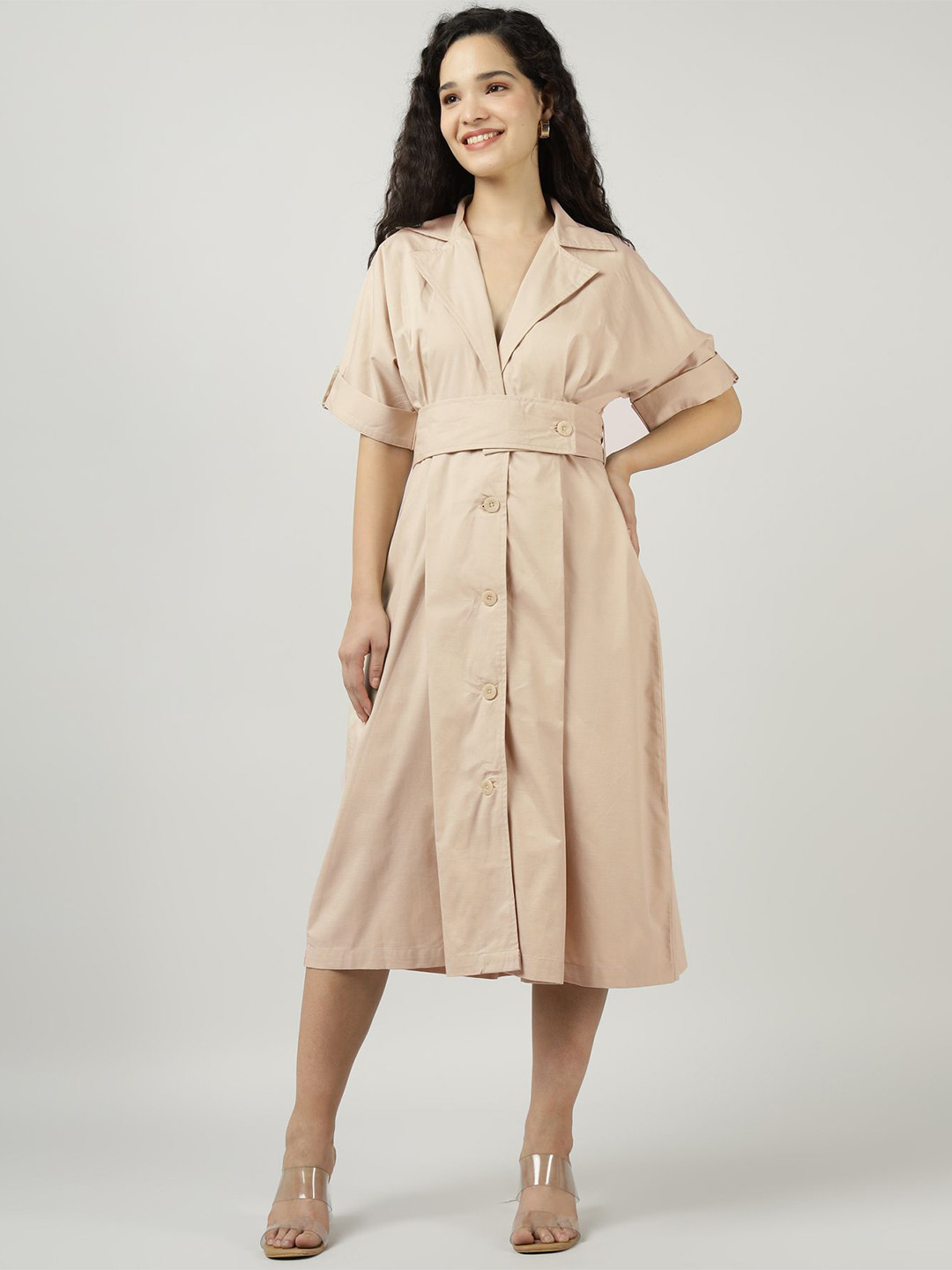 Sands of India Women Roll-Up Sleeves Cotton Shirt Belted Midi Dress