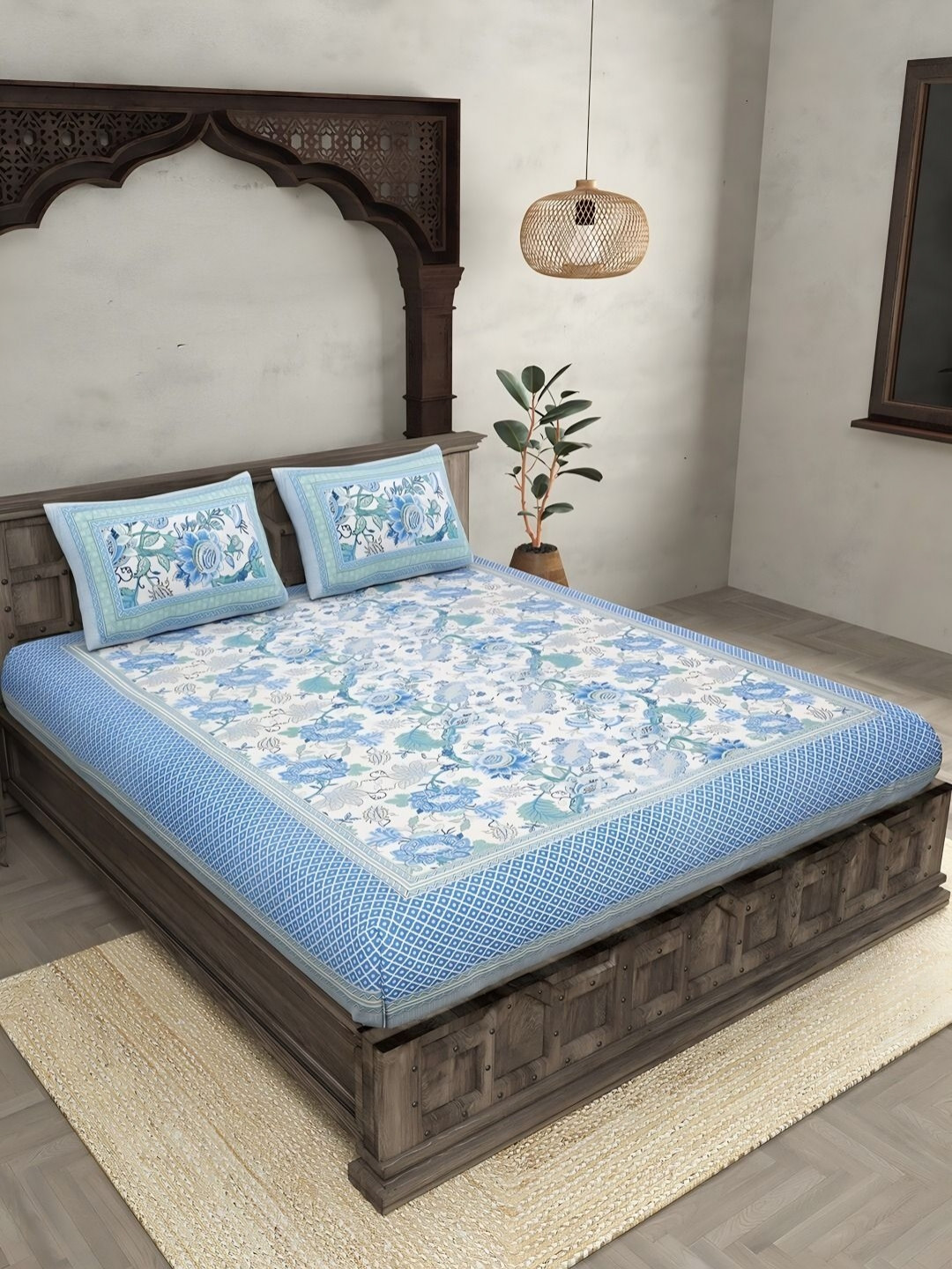 Myntra Elegant Homes Blue Printed Pure Cotton 240 TC King Bedsheet Set-2.74 m x 2.25 m