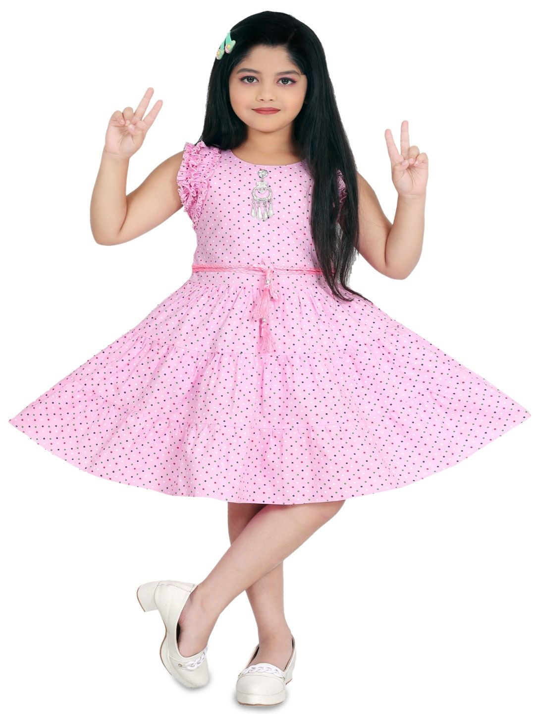 PN Fashion Girls Polka Dot Printed Flutter Sleeves Fit & Flare Dress