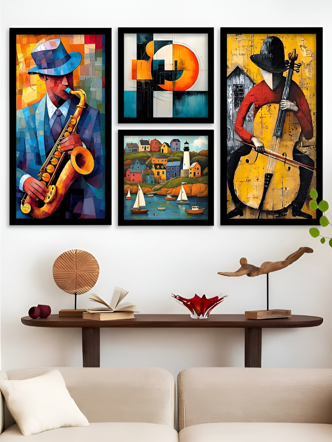 Kotart Black & Orange 4 Pieces Abstract Printed Wooden Portrait Wall Arts