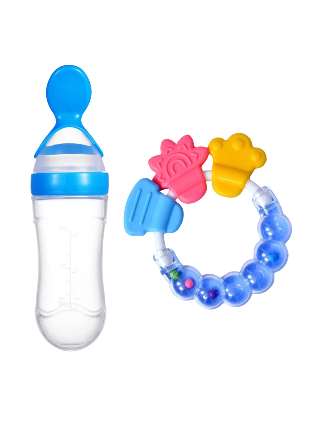 Joy Buzz Kids Set Of 2 Baby Spoon Feeder - 90 ml & Rattle Teether - Blue