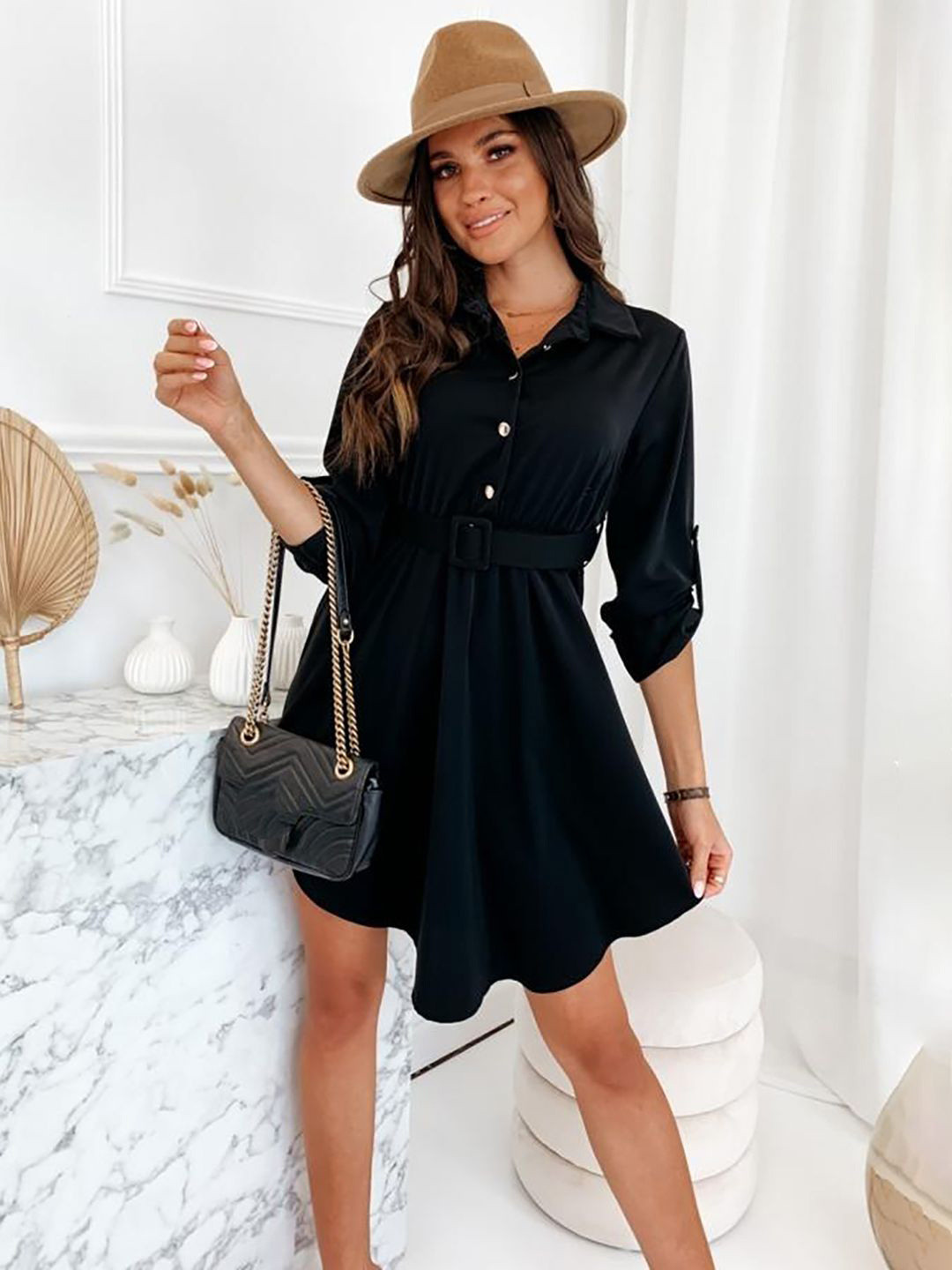 JC Mode Roll-Up Sleeves Belted Shirt Dress