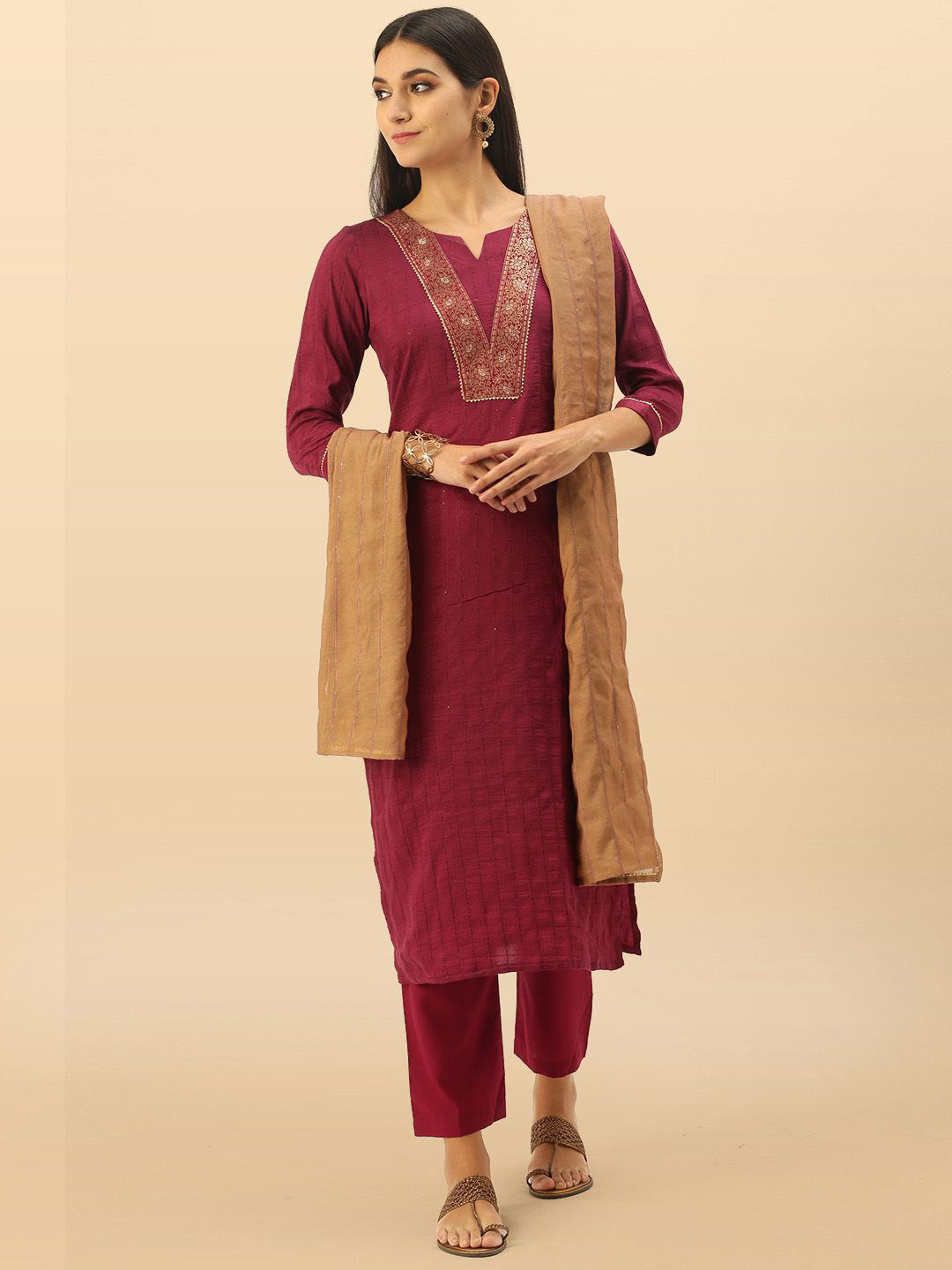 Anouk Rustic Striped Embroidered Sequinned Unstitched Dress Material