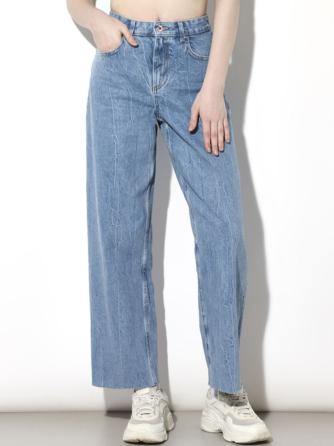 ONLY Women Straight Fit High-Rise Low Distress Heavy Fade Cotton Acid Wash Jeans