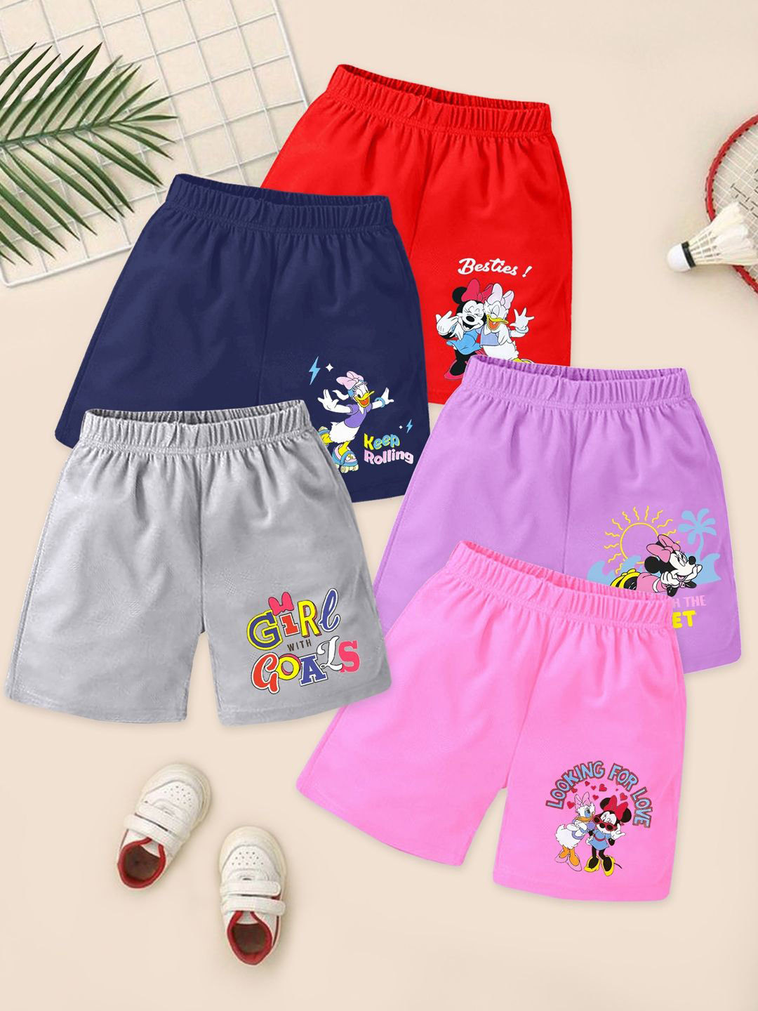 KUCHIPOO Girls Pack Of 5 Minnie & Daisy Printed Shorts