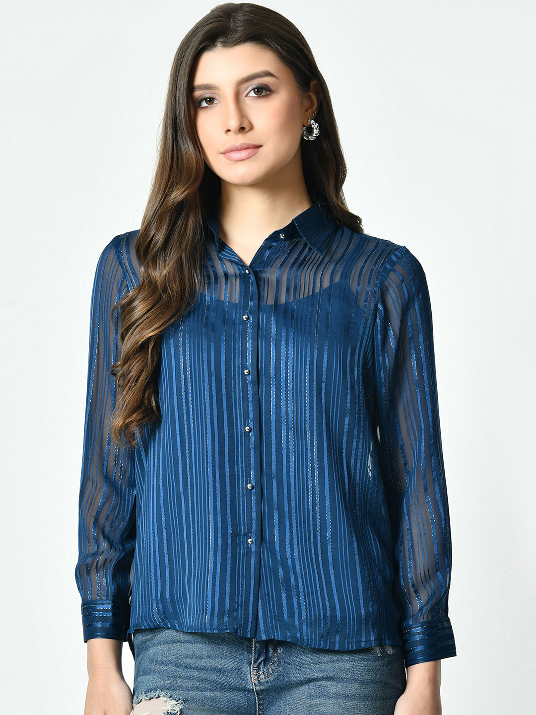ALL WAYS YOU Women Standard Fit Vertical Striped Spread Collar Party Shirt