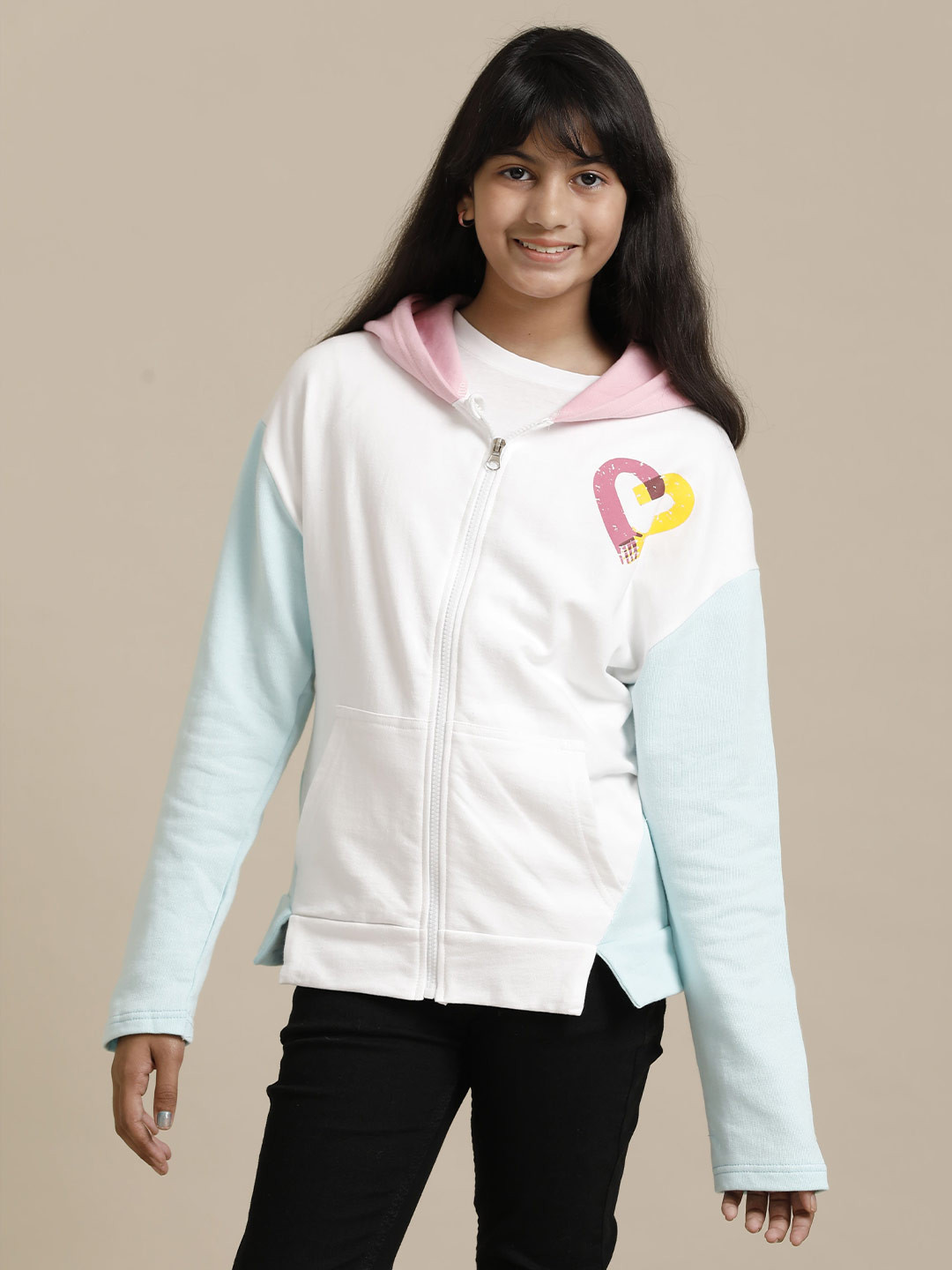 UNDER FOURTEEN ONLY Girls Colourblocked Hooded Front-Open Sweatshirt