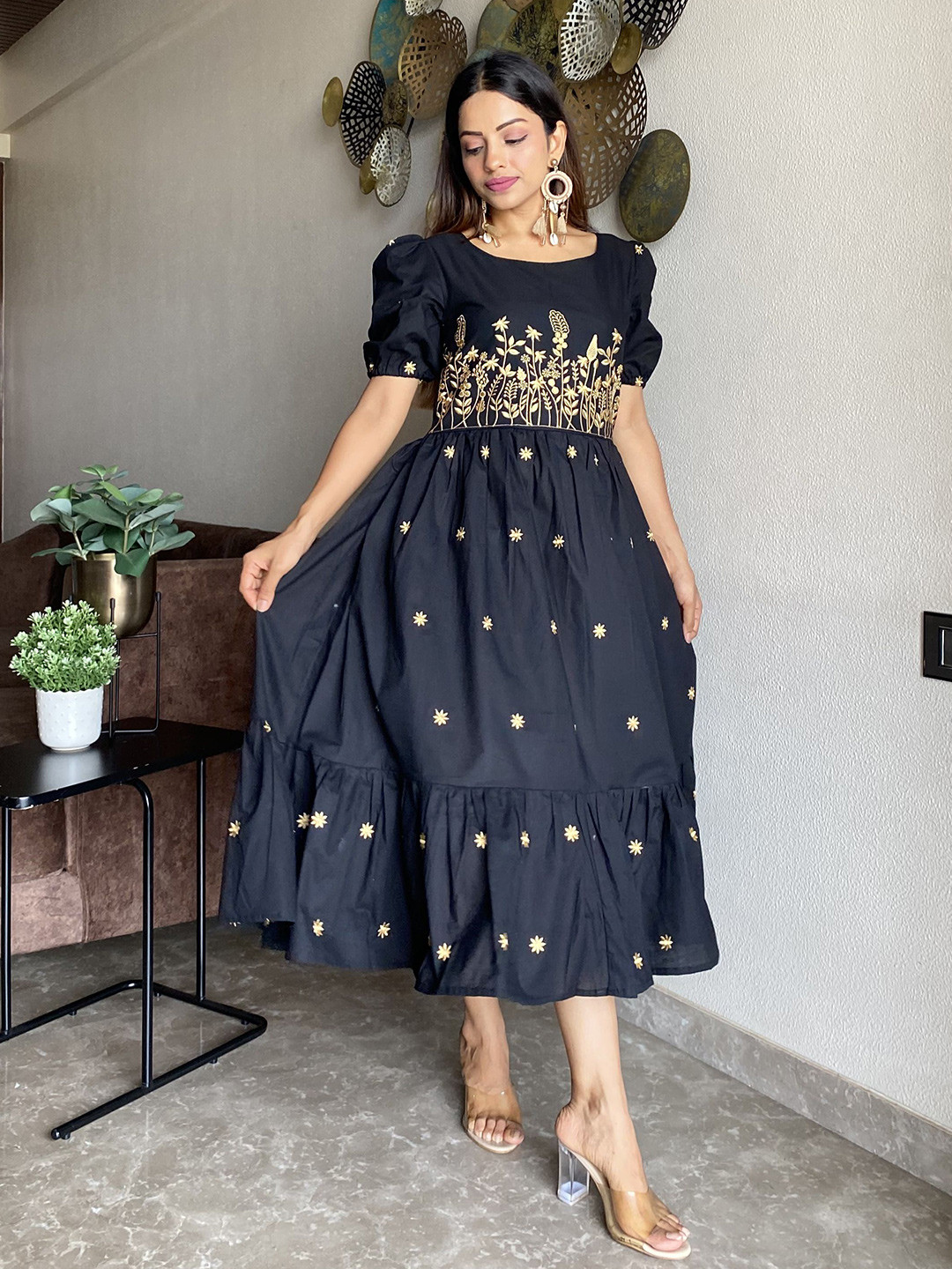 FFI Women Black Midi Dress with Golden Floral Yoke Embroidery and Star Motif Print