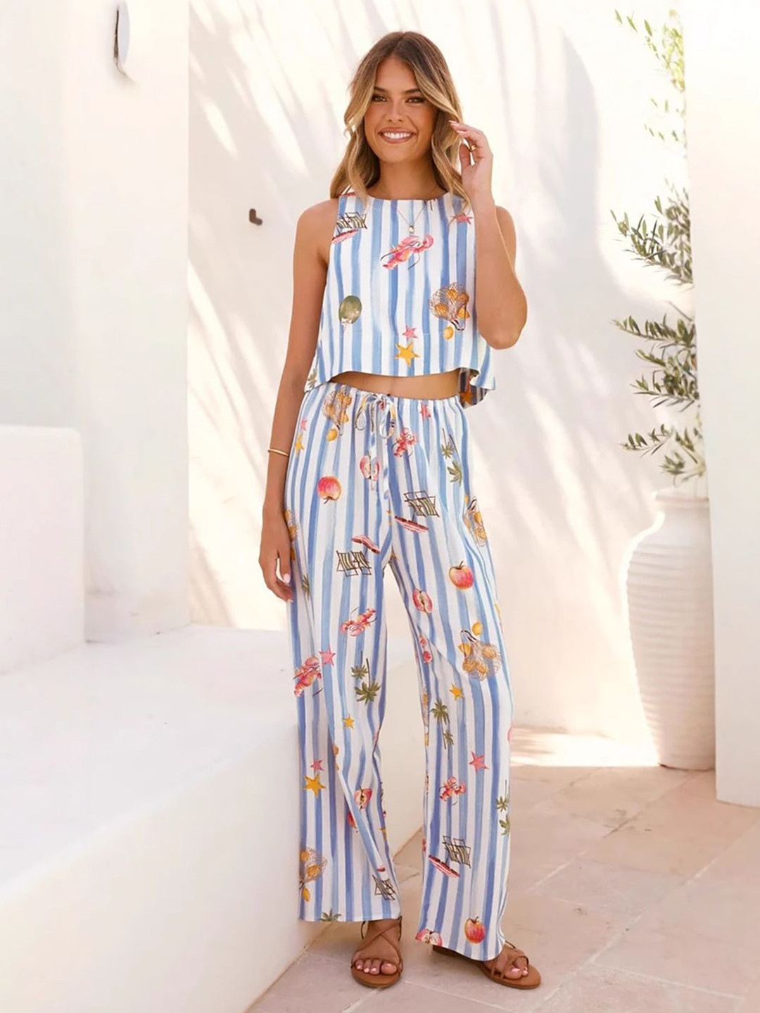 JC Mode Printed Sleeveless Crop Top With Trouser