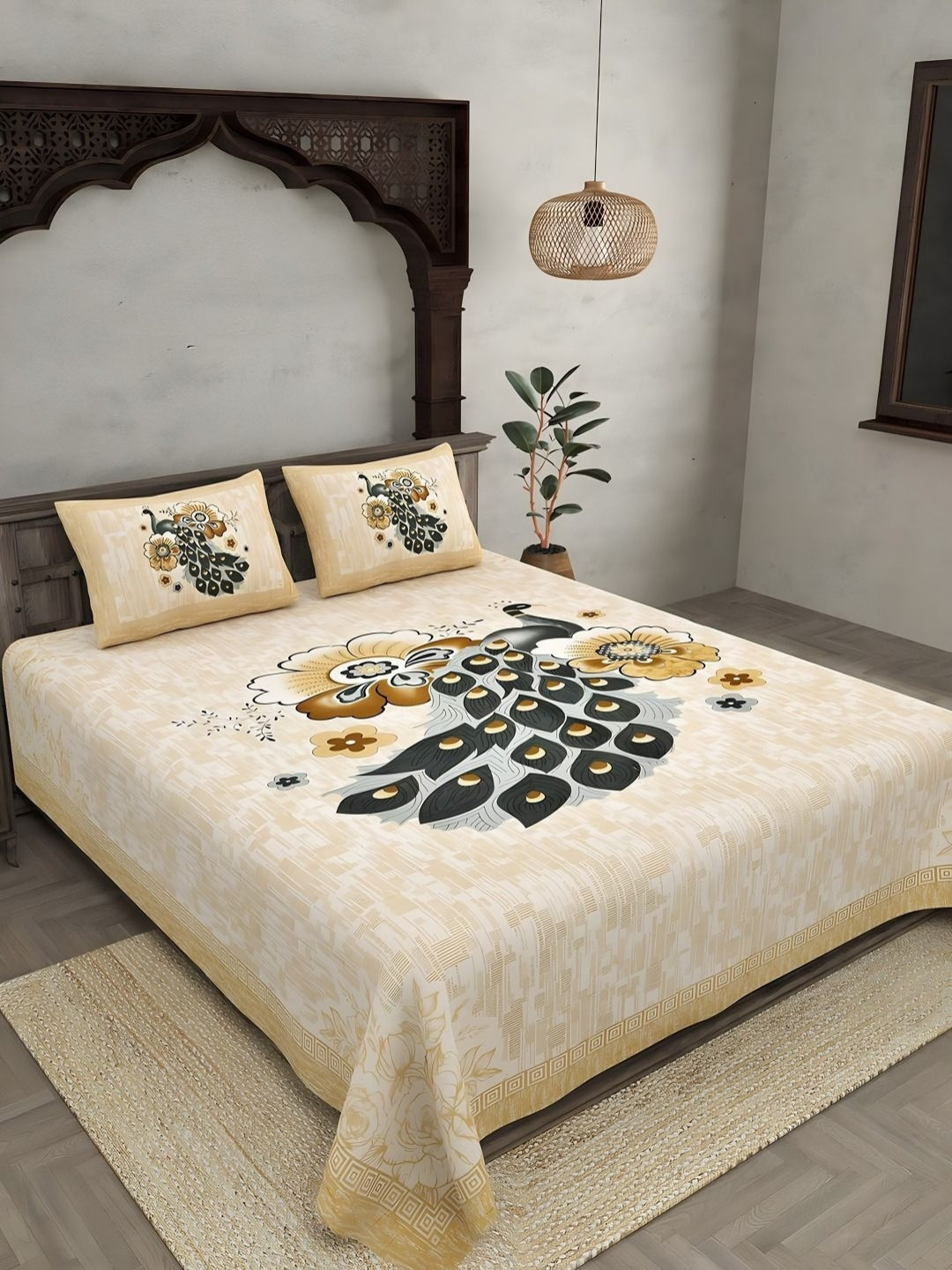 Myntra Elegant Homes Mustard Floral Pure Cotton 180TC Double King Bedsheet Set-2.74mx2.25m