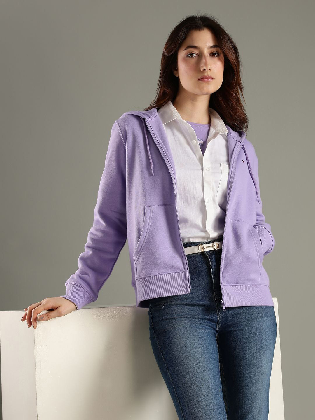 Tommy Hilfiger Women Front-Open Regular Fit Cotton Hooded Sweatshirt