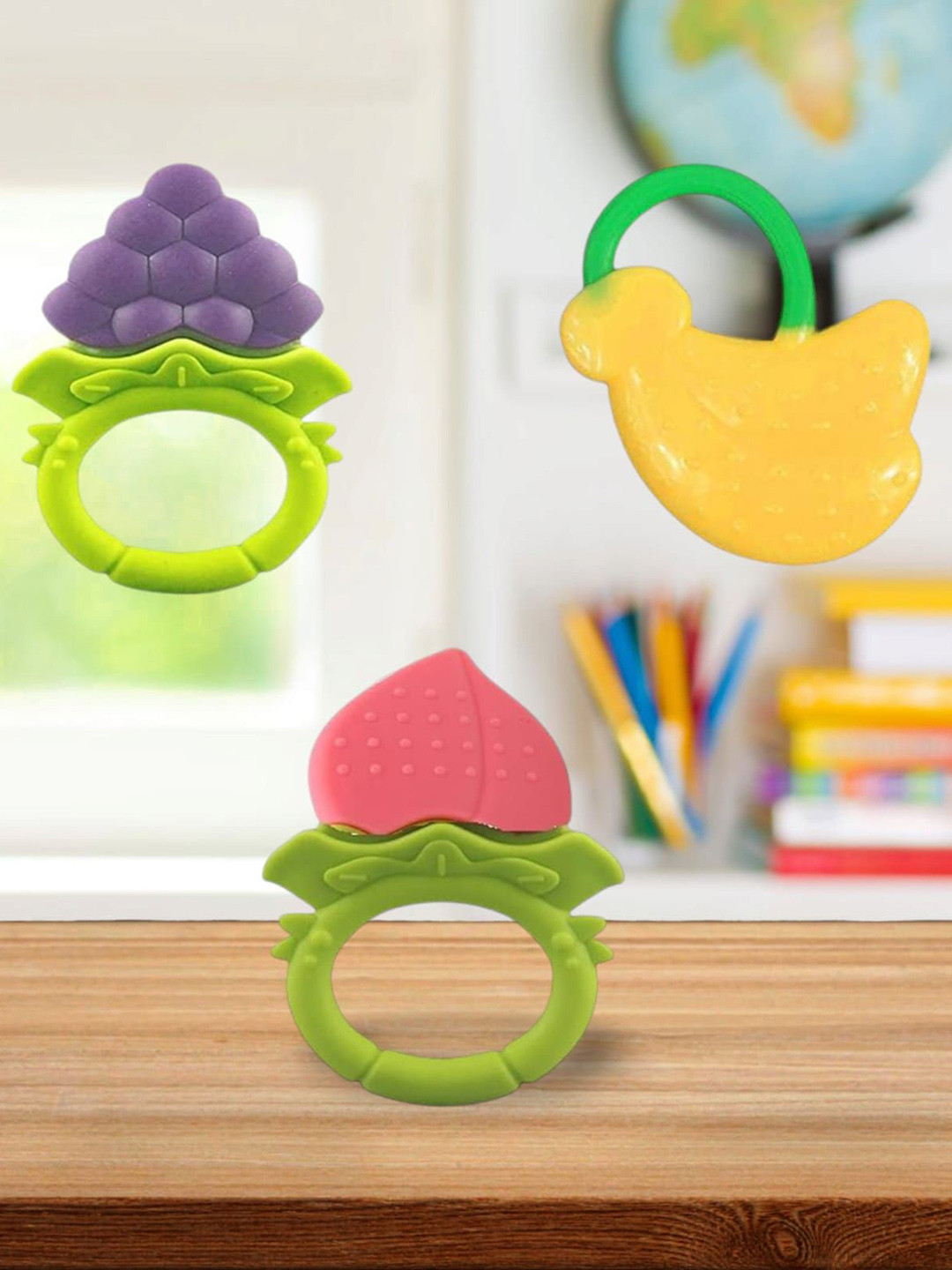 Joy Buzz Kids Set Of 3 Baby Fruit Teether - Yellow & Peach Colored & Blue