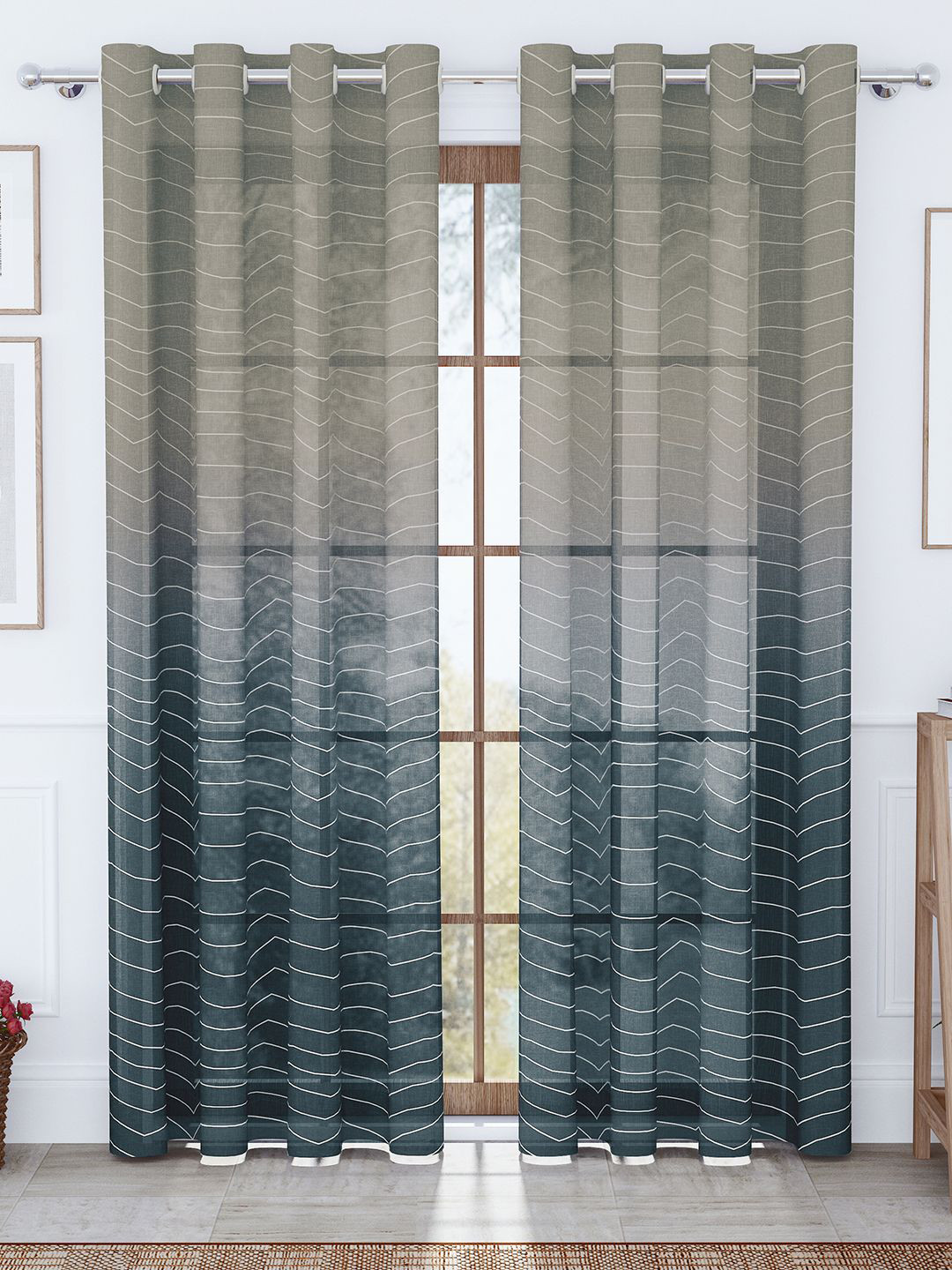 Story@home Aurum Navy Blue & White 2 Pieces Striped Sheer Long Door Curtains