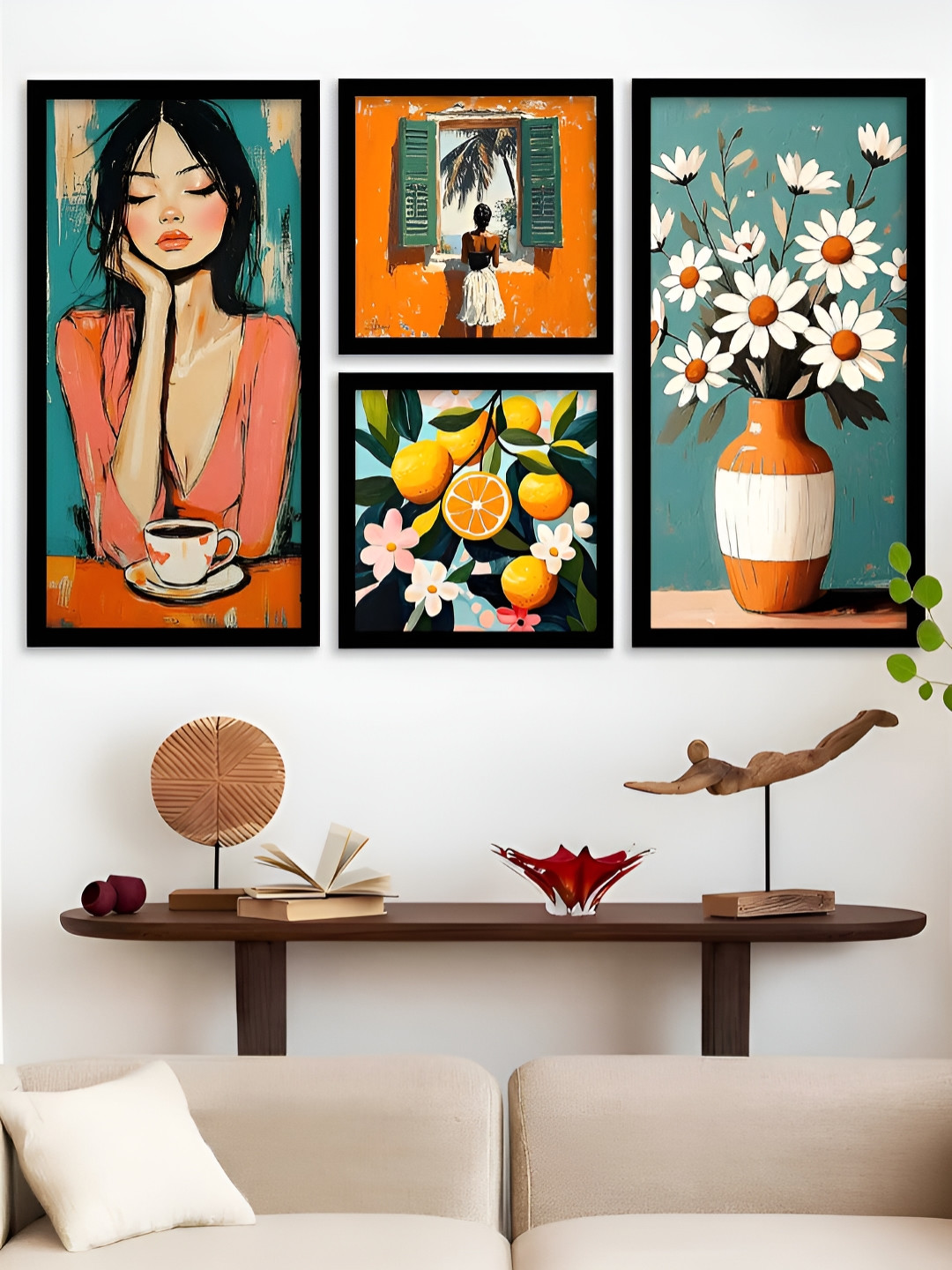 Kotart Black & Orange 4 Pieces Abstract Printed Wooden Portrait Wall Arts