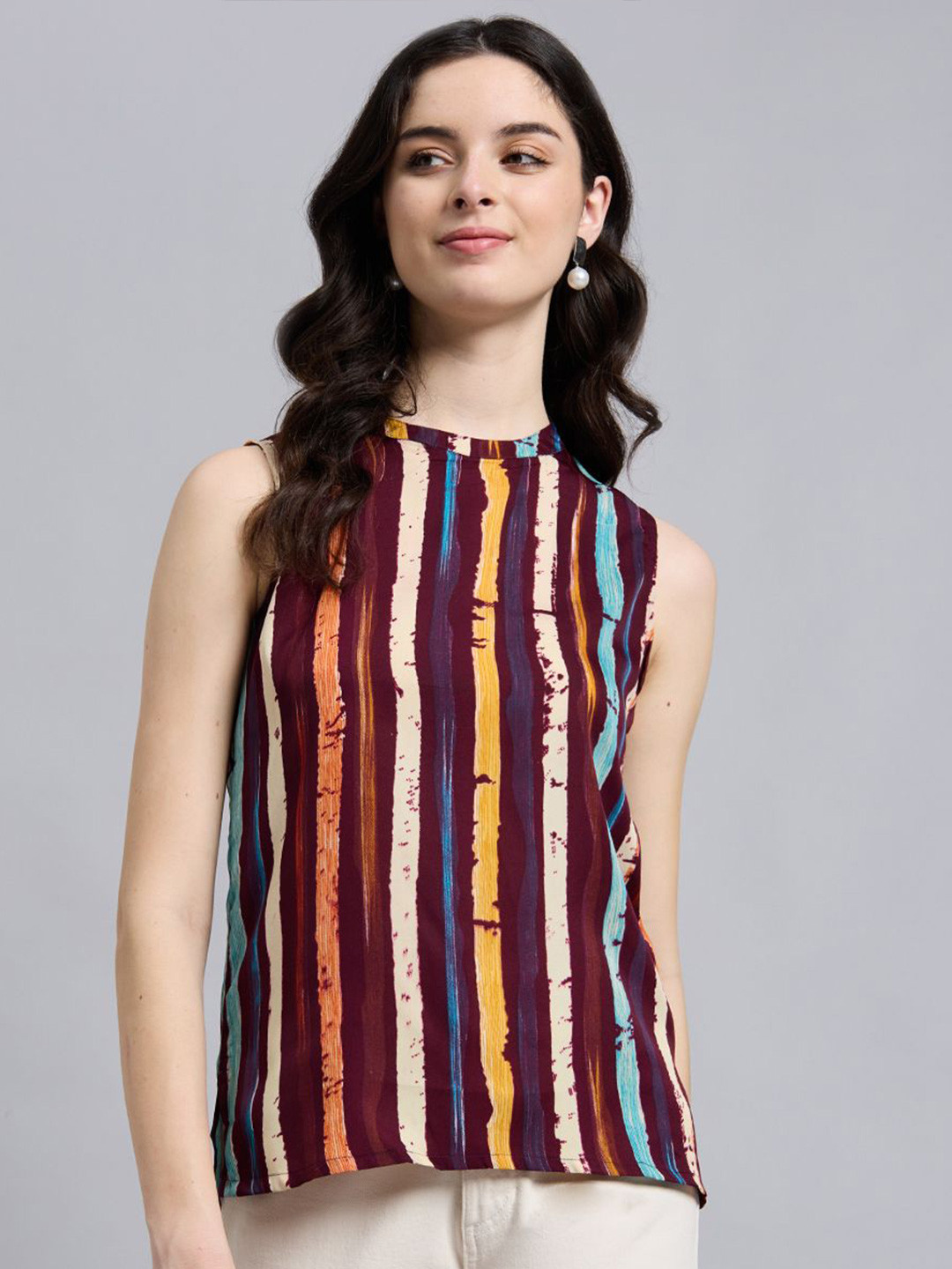 THE FAB FACTORY Women Vertical Stripe Printed Sleeveless Top