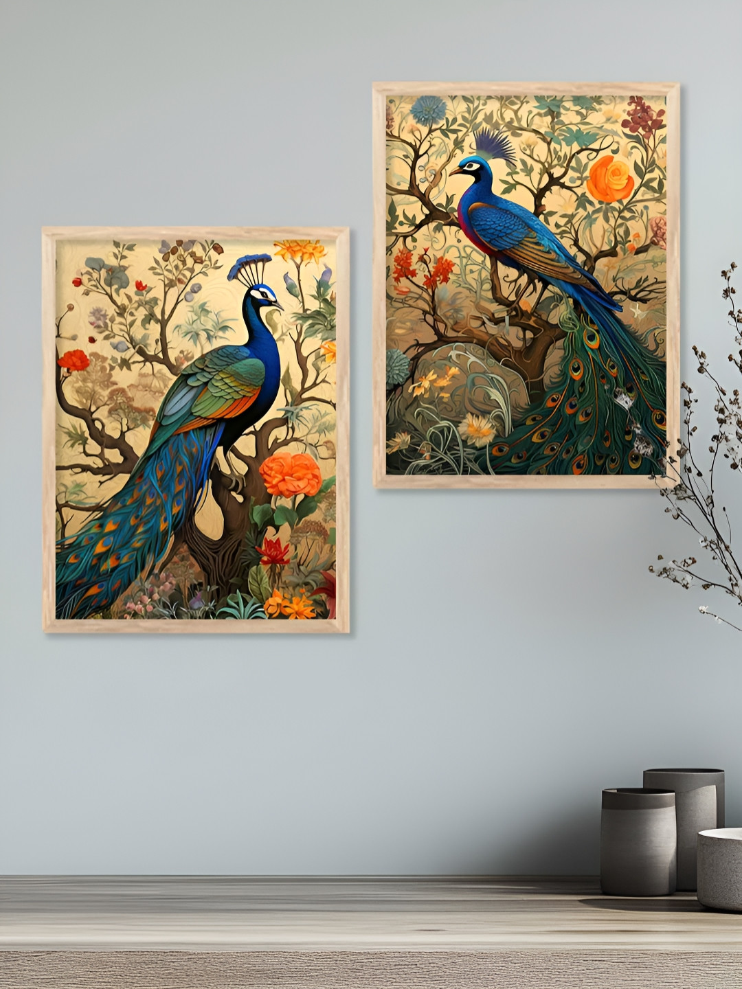 Kotart Brown & Blue 2 Pieces Peacocks & Floral Printed Wooden Wall Arts