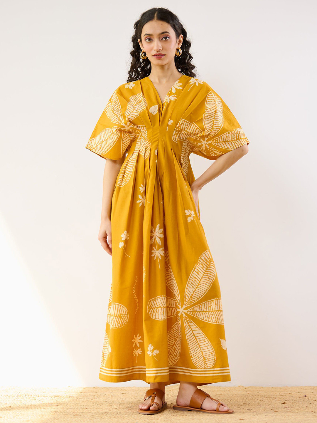 Rustorange Periwinkle Printed Cotton Pleated Maxi Dress