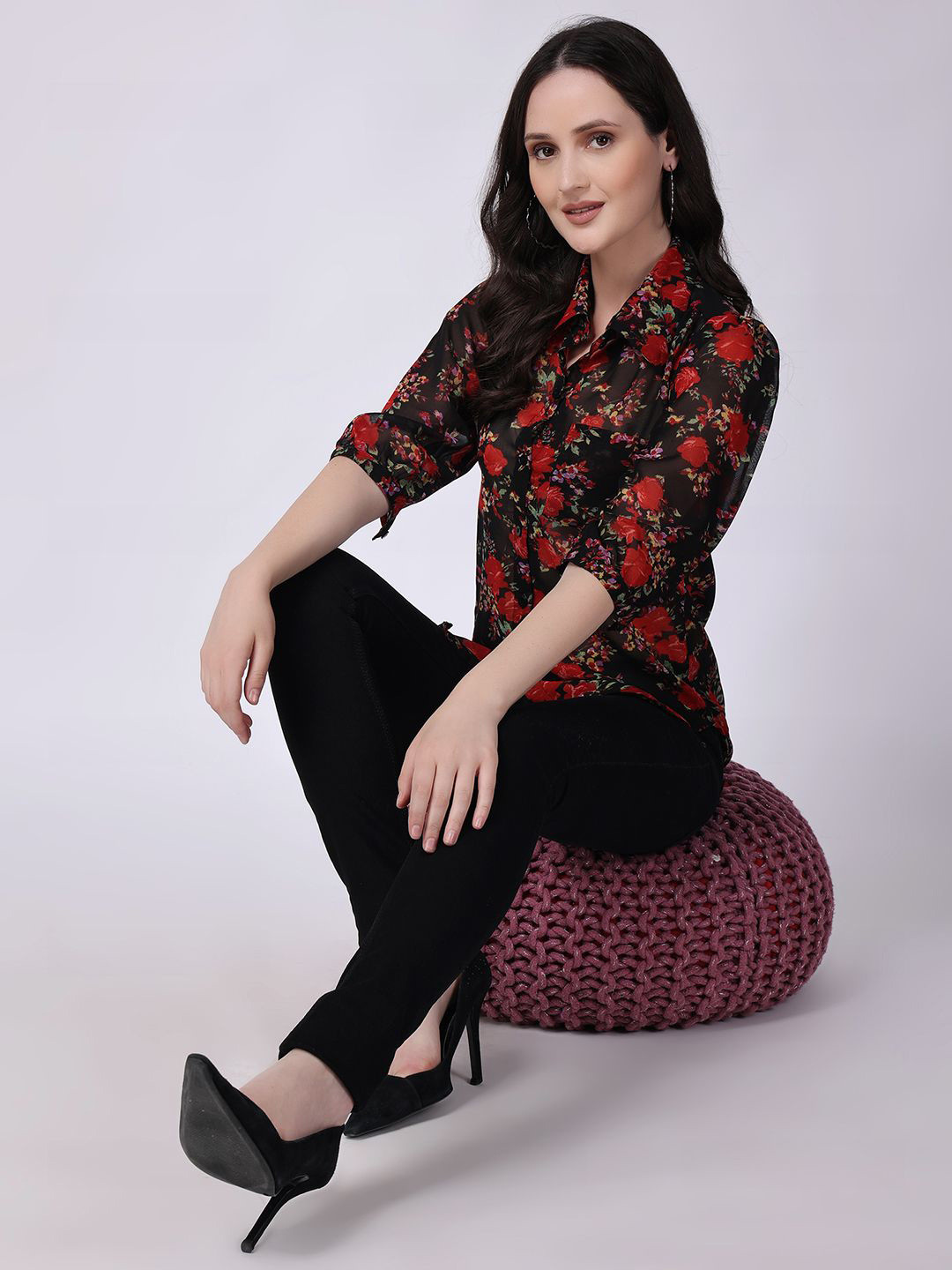 MINOS Floral Printed Semi Sheer Slim Fit Casual Shirt