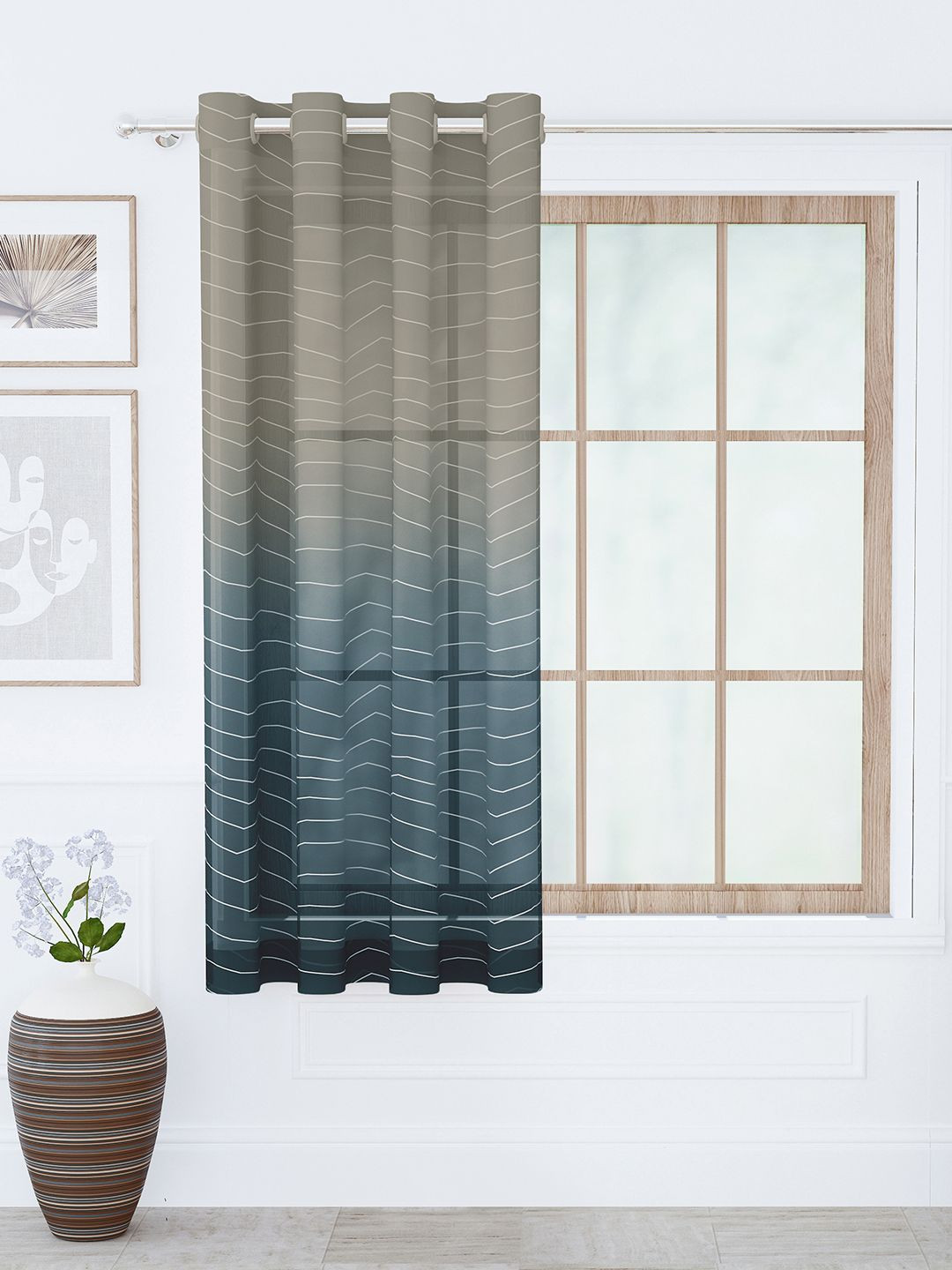 Story@home Aurum Navy Blue & Grey Striped Sheer Window Curtain