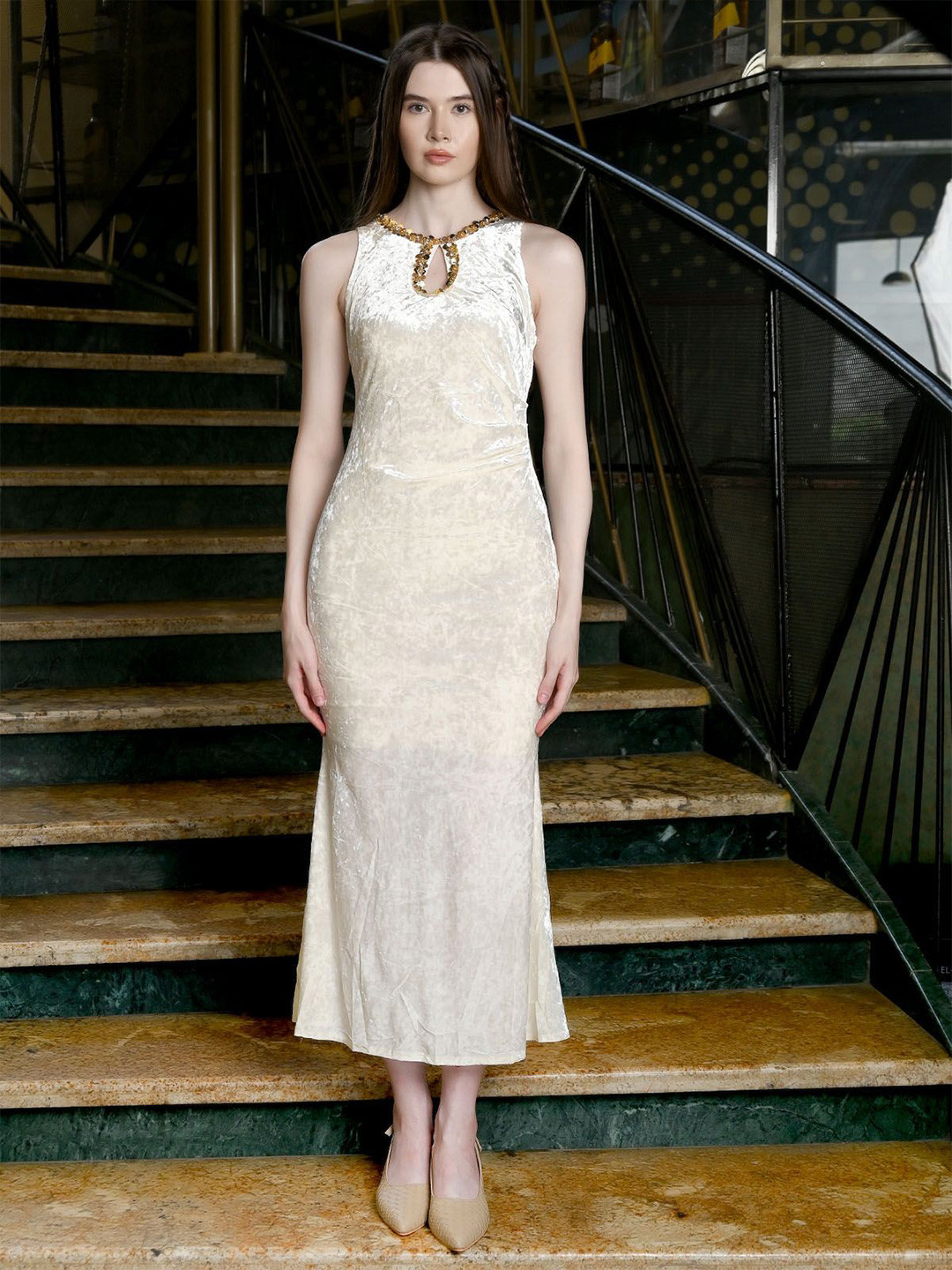 ODETTE Women Off White Velvet Embellished Dress