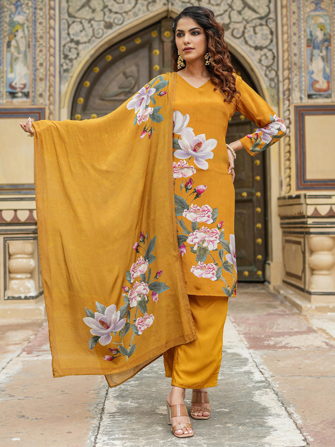 SCAKHI Women Mustard Crepe Floral Printed  Suit Set Kurta with Trousers & With Dupatta