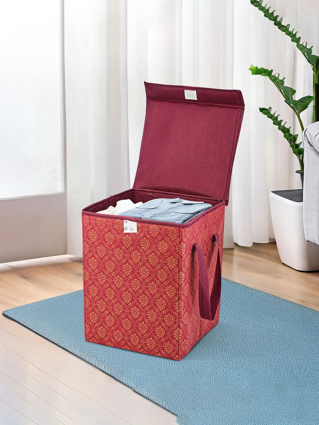 Kuber Industries Maroon & Gold Toned Foldable Clothes Storage Box Organiser With Lid