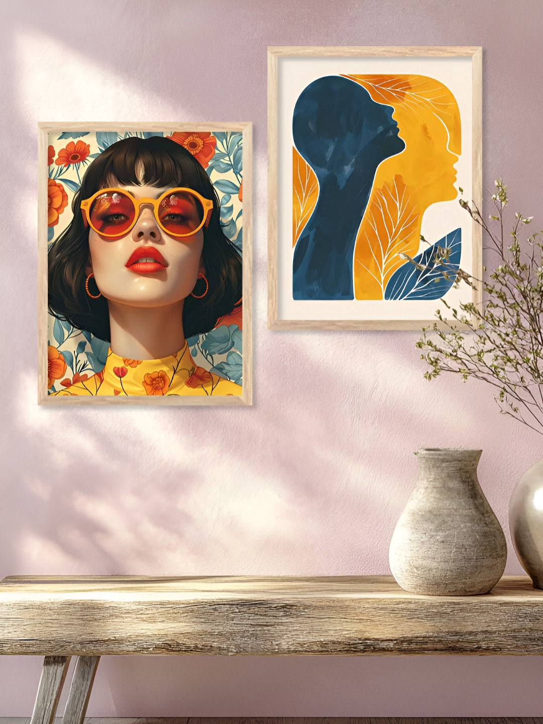 Kotart Brown & Orange Colored 2 Pieces Women Face Printed Wooden Wall Arts