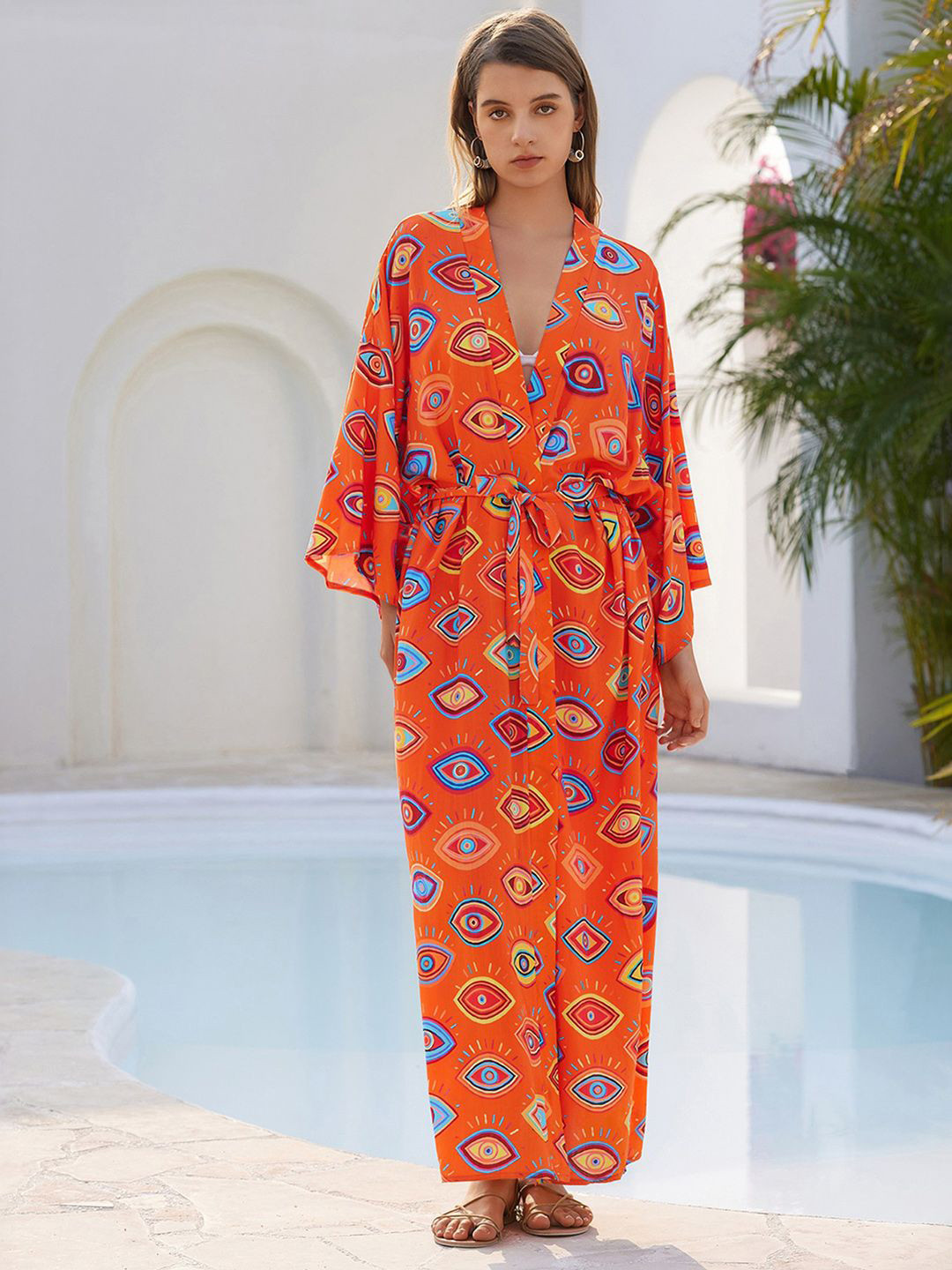 JC Mode Abstract Printed Front-Open Maxi Swimwear Cover Up Top