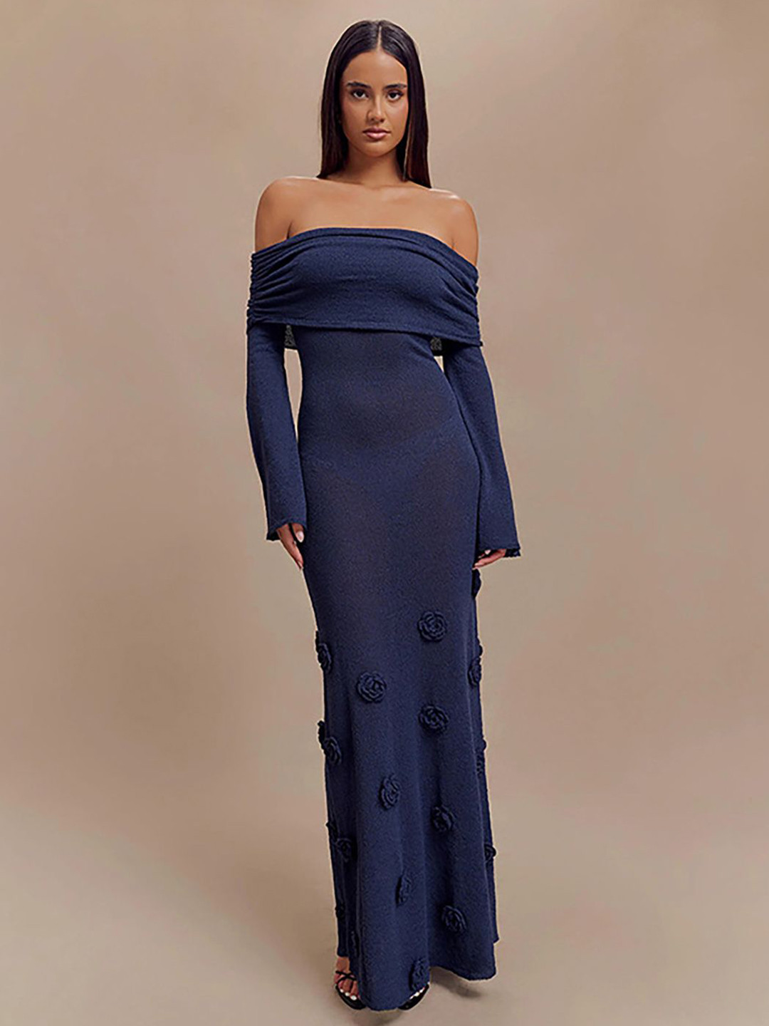 JC Mode Floral Applique Off-Shoulder Bodycon Maxi Dress