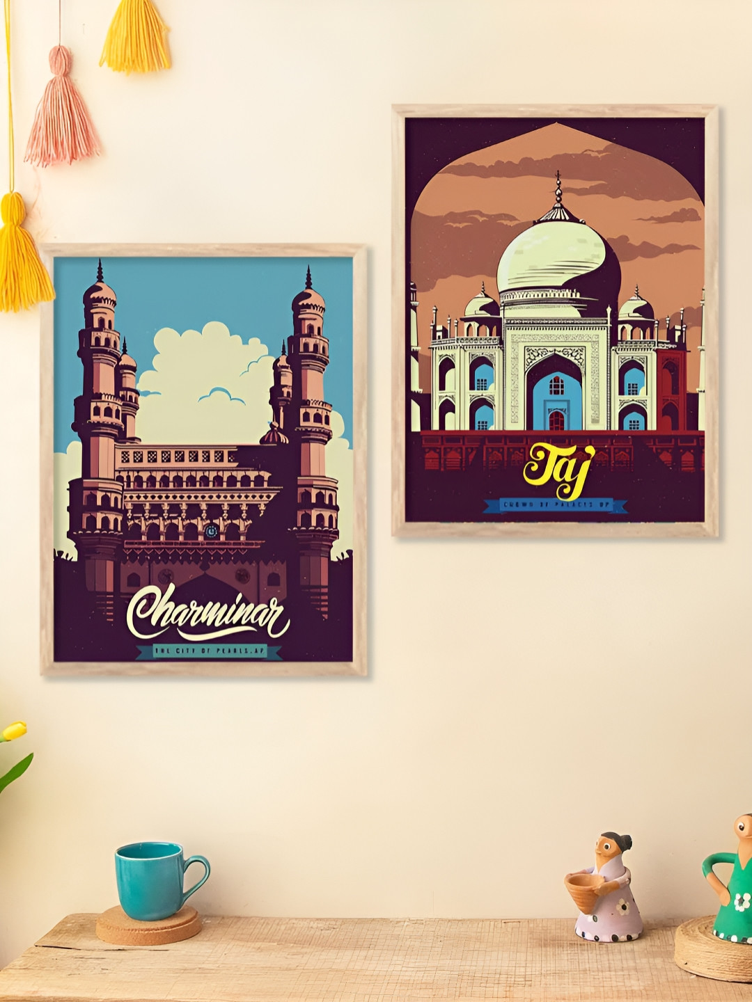 Kotart Brown & Maroon 2 Pieces Taj & Chariminar Printed Wooden Wall Arts