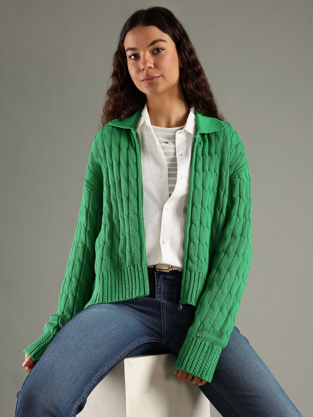 Tommy Hilfiger Women Shirt Coller Self Design Cable Knit Sweaters