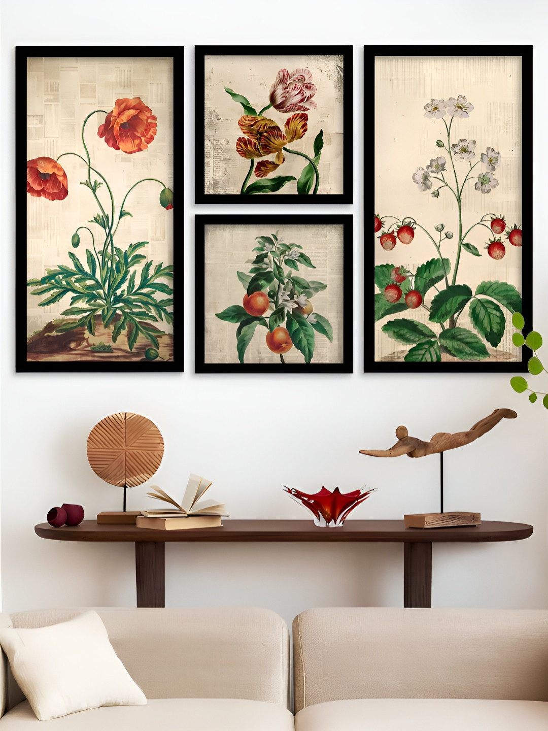 Kotart Black, Orange & Green 4 Pieces Floral And Botanical Wooden Wall Arts
