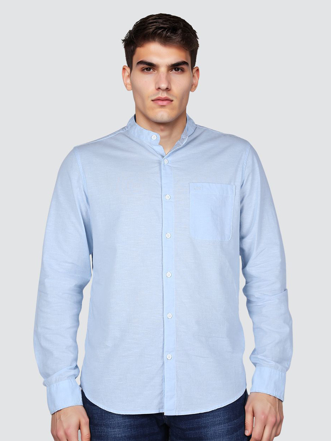 Lee Men Solid Band Collar Cotton Casual Shirt