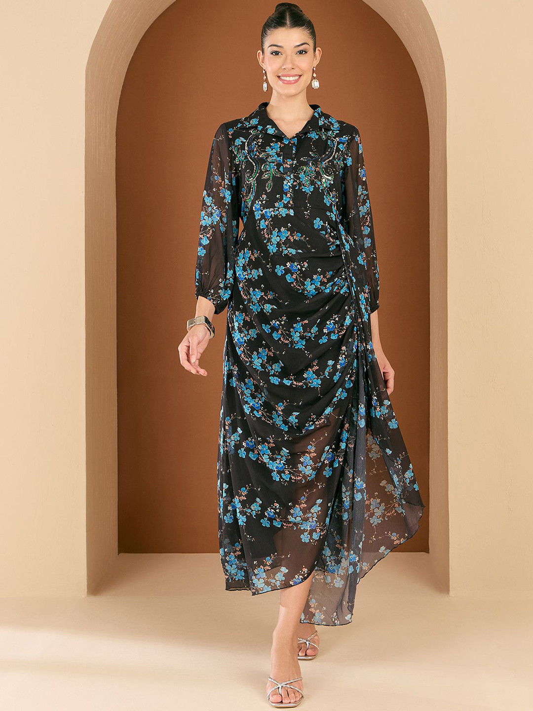 Antheaa Embellished Floral Printed Chiffon Wrap Midi Dress