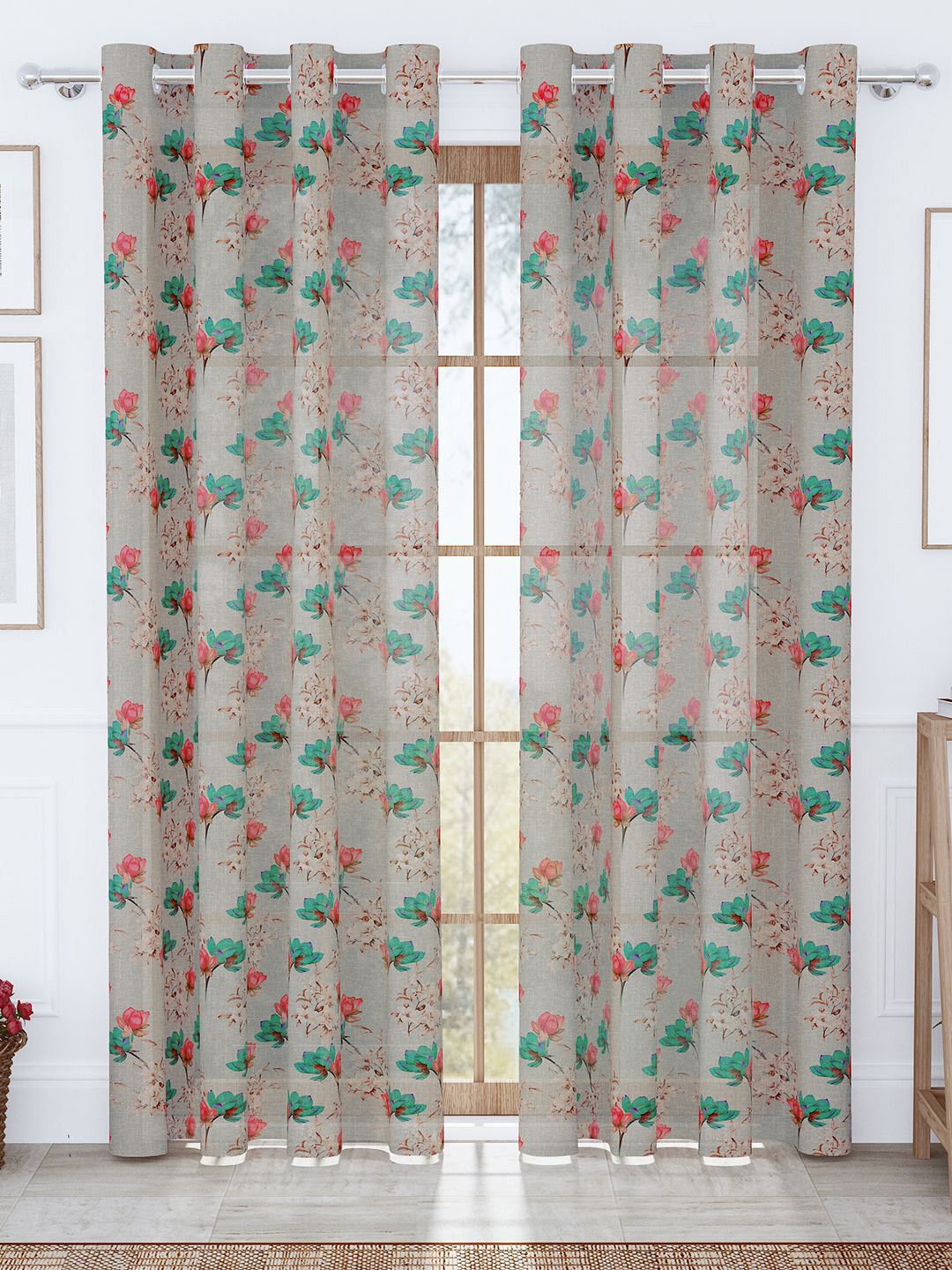 Story@home Aurum Grey & Green Colored 2 Pieces Printed Floral Sheer Door Curtains