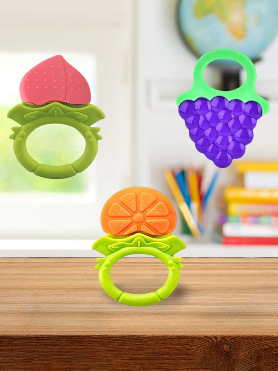 Joy Buzz Kids Set Of 3 Baby Fruit Teether - Yellow & Peach Colored & Blue