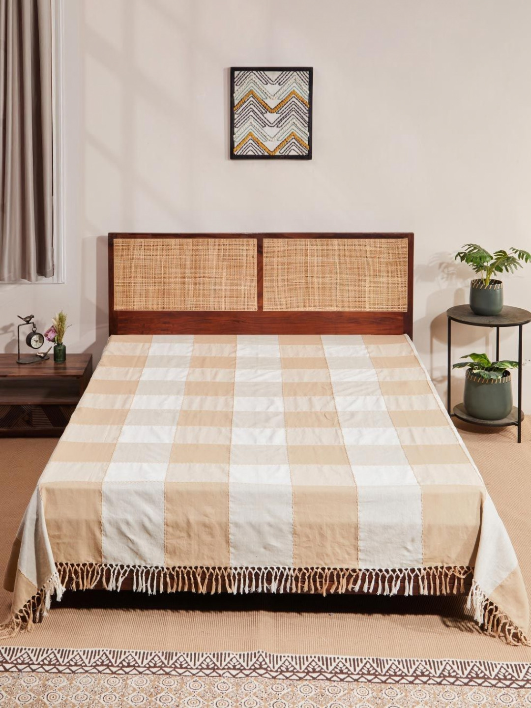 Fabindia Natural Tanka Beige & White Checked Cotton 120 TC Double Bed-Queen Bed Cover