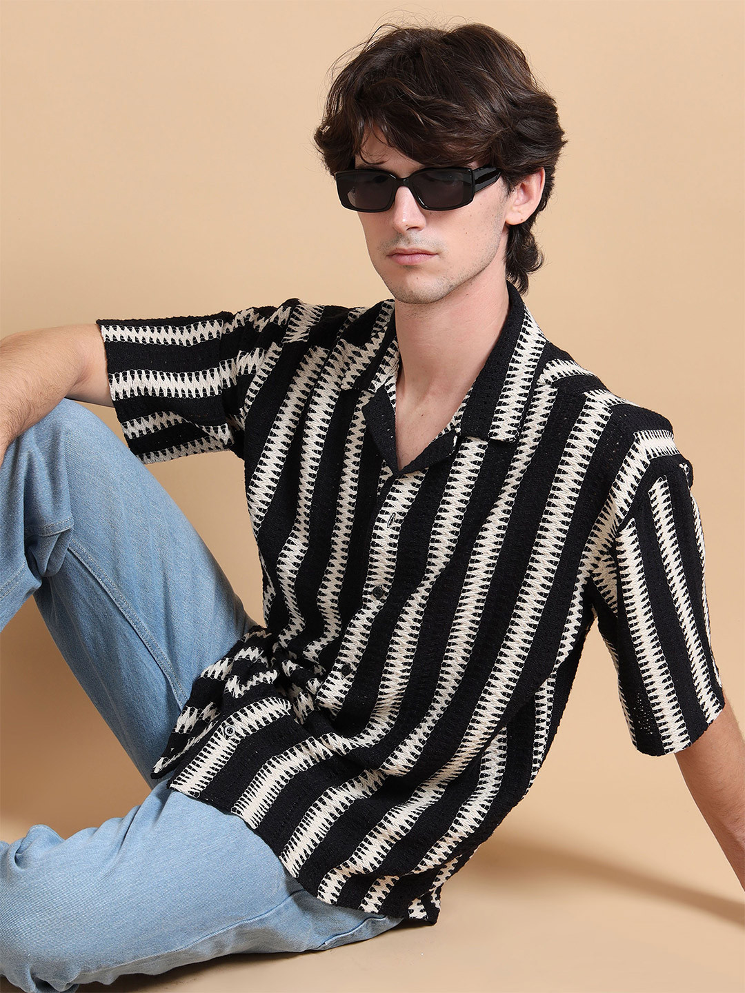 StitchX Men's Half Sleeve Cuban Collar Textured Crochet Shirt