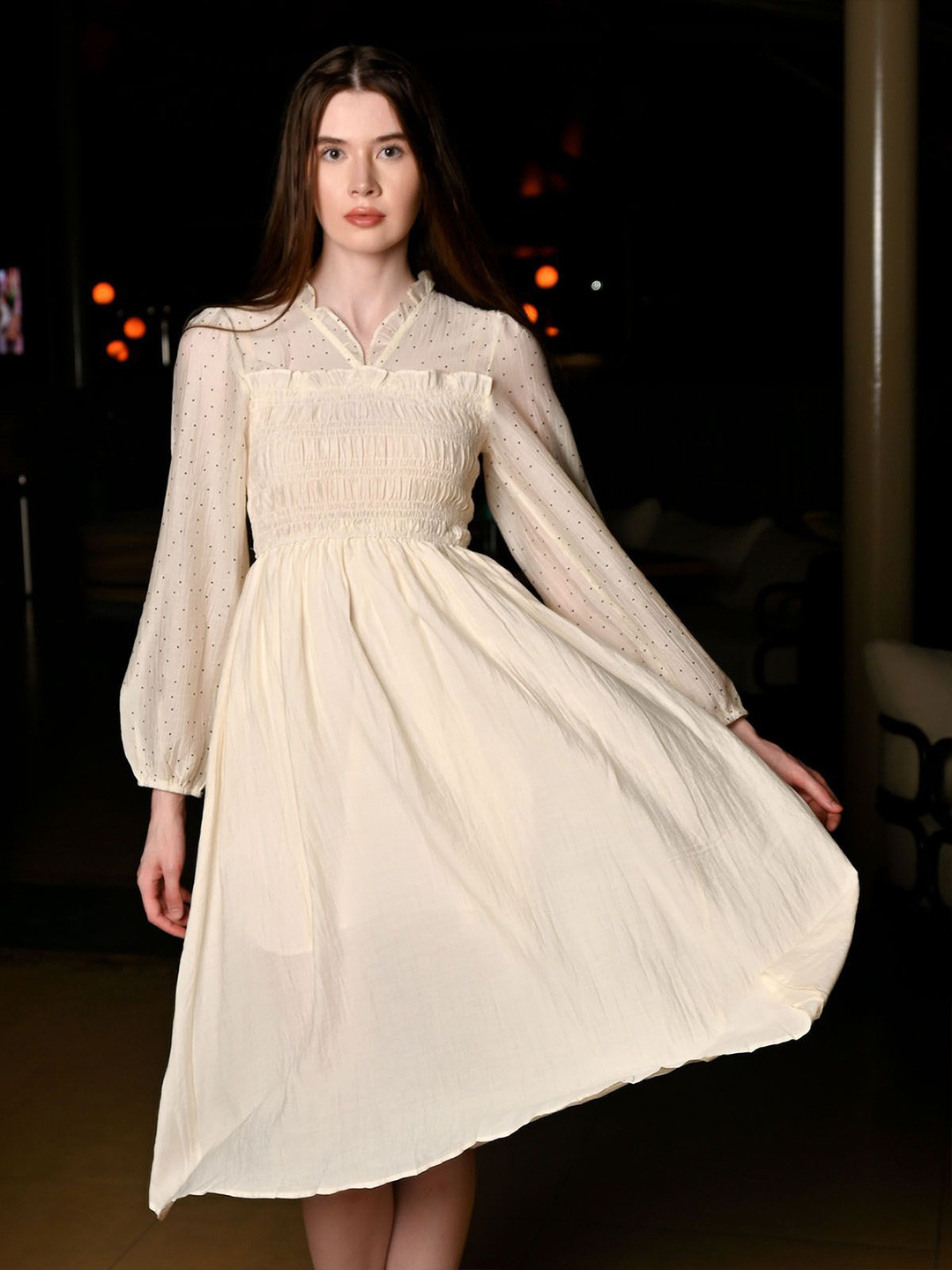 ODETTE Women White Cotton & Linen Printed Dress