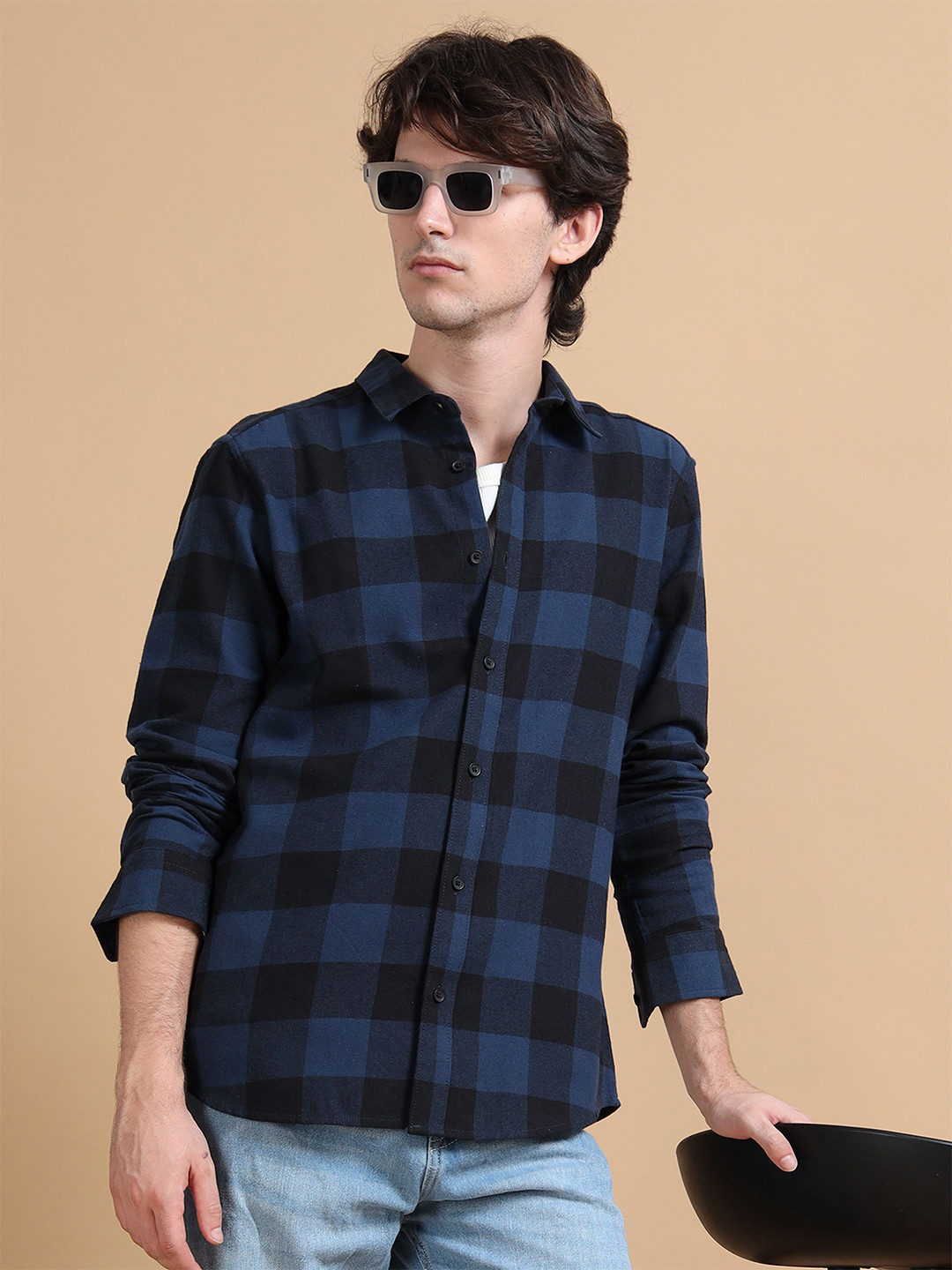 StitchX Men's Electric Blue Slim Fit Brushed Cotton Buffalo Checkered Shirt