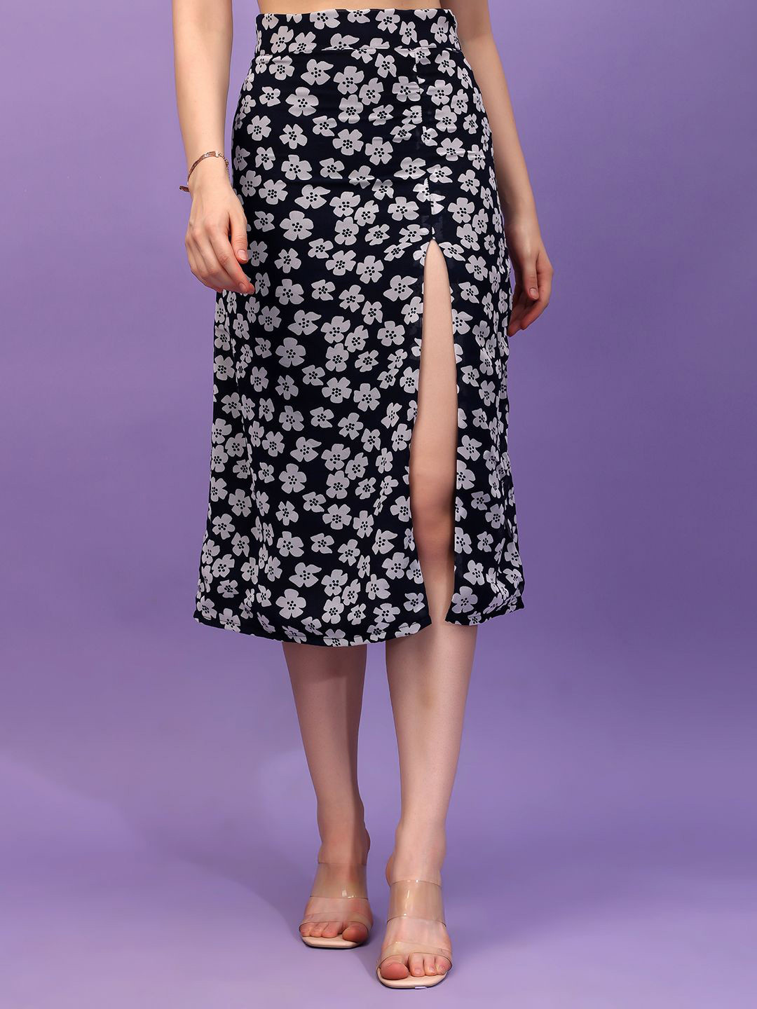 MINOS Women Floral Printed Front Slit A-Line Midi Skirt