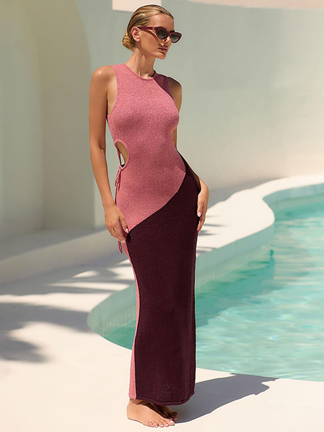 JC Mode Colourblocked Round Neck Tie-Up Maxi Cover Up Top