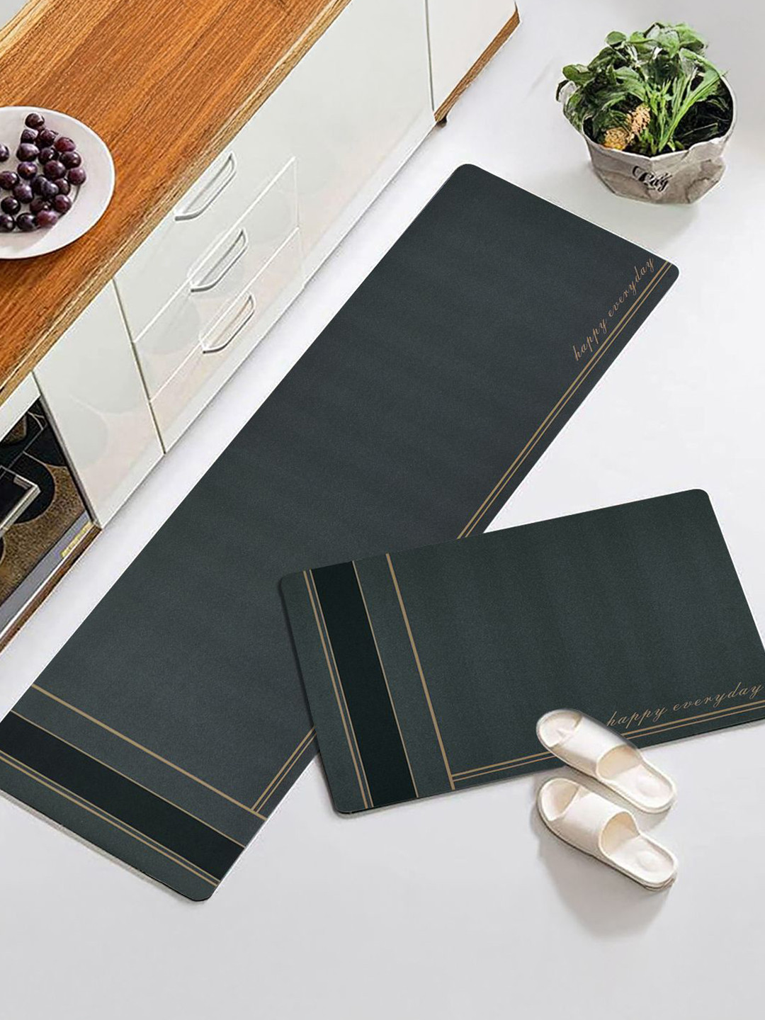 Story@home  2-Pcs Grey & Black Anti-Skid Floor Runner&Doormat