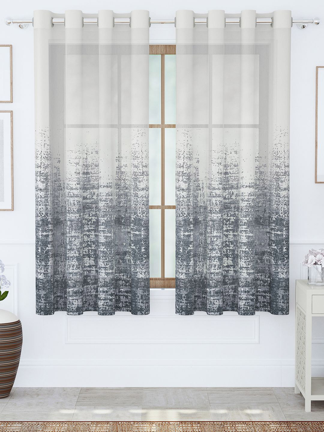Story@home Aurum Grey & White 2 Pieces Printed Sheer Window Curtains