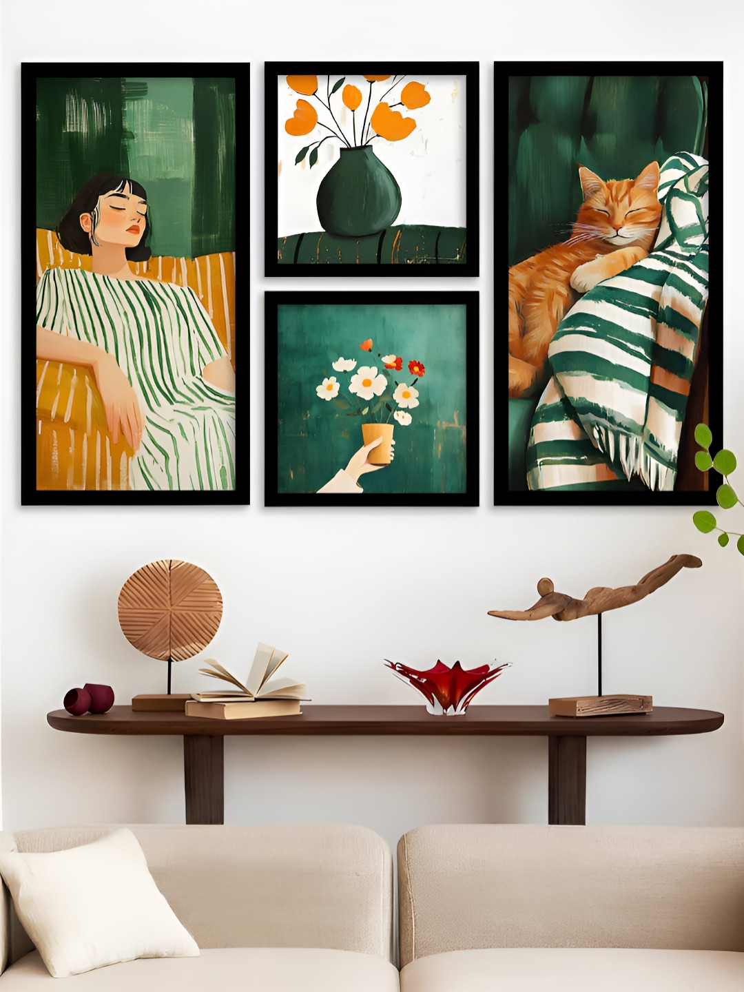 Kotart Black & Green 4 Pieces Floral Cat Printed Wooden Wall Arts