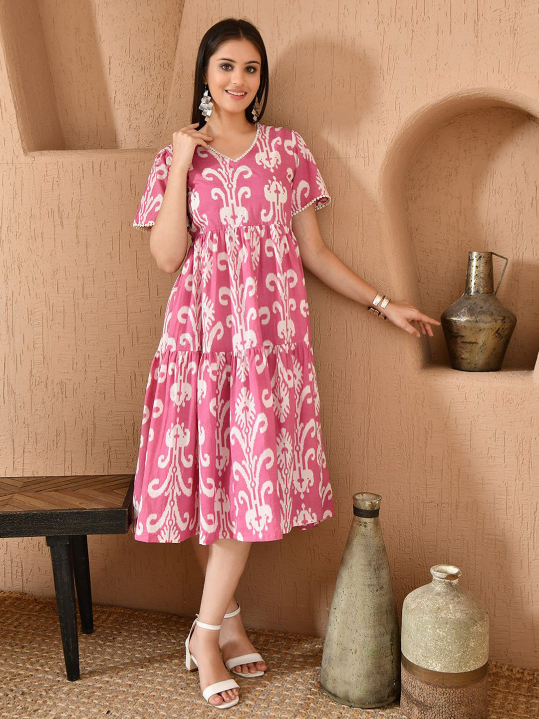 DECKEDUP Ethnic Motifs Print Tiered Cotton Fit & Flare Midi Dress